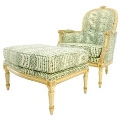 Louis VX Bergere Lounge Chair w/ Matching Ottoman Green & White Upholstery MINT!