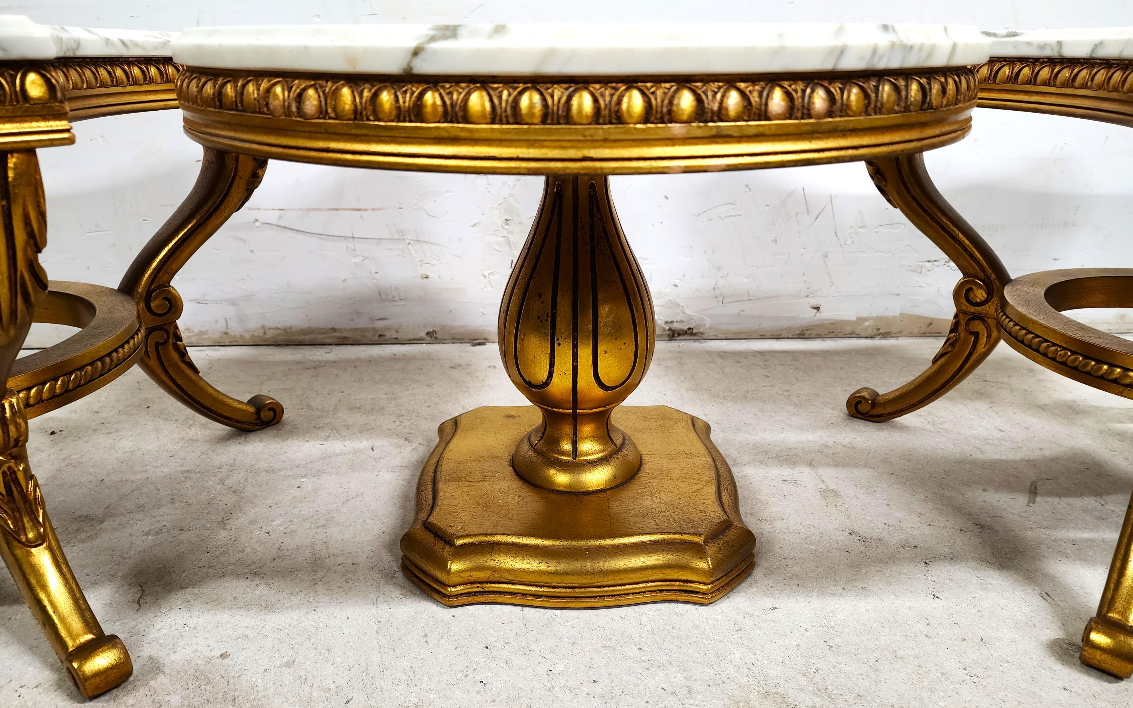 Louis VX Coffee Side Tables Marble Gilt Gold Leaf 3 Piece 5