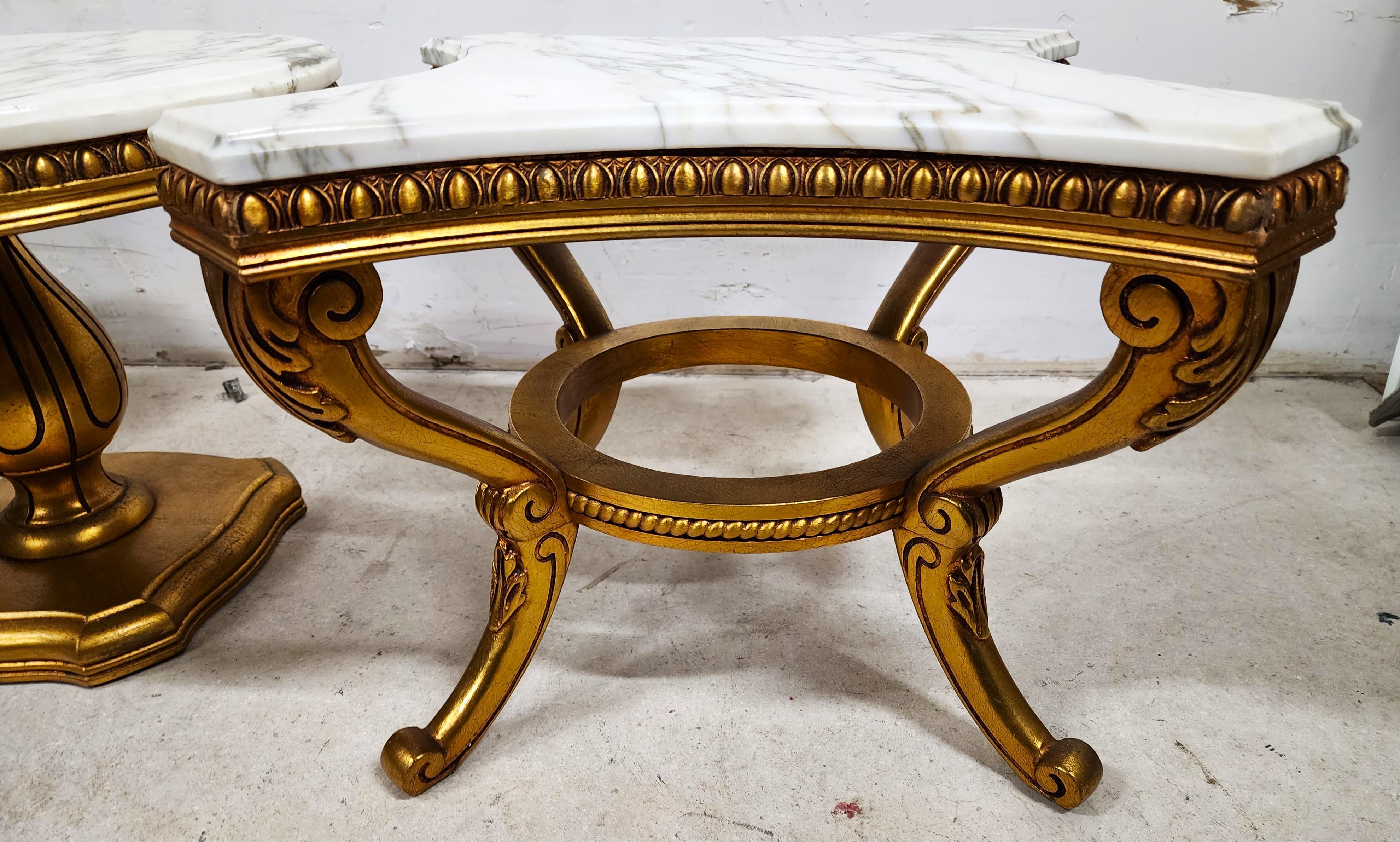 Louis VX Coffee Side Tables Marble Gilt Gold Leaf 3 Piece 6