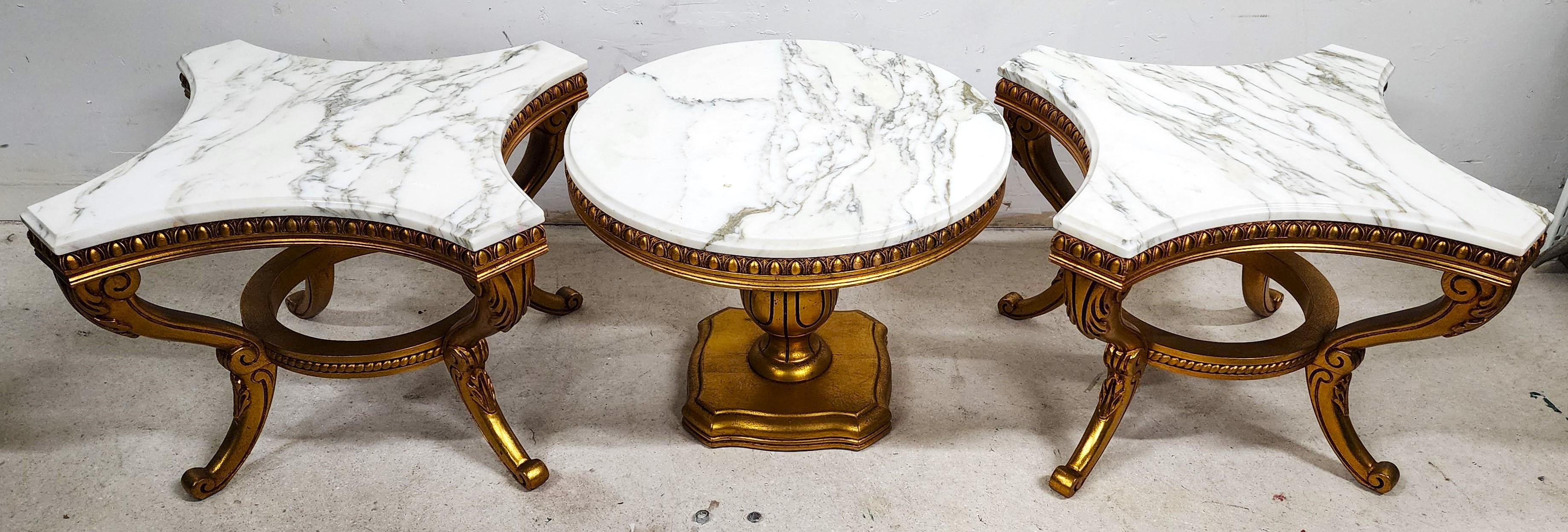 For FULL item description click on CONTINUE READING at the bottom of this page.

Offering One Of Our Recent Palm Beach Estate Fine Furniture Acquisitions Of A
3 Piece Louis VX Coffee and/or Side Tables with Beveled Edge Carrara Marble tops and Gilt