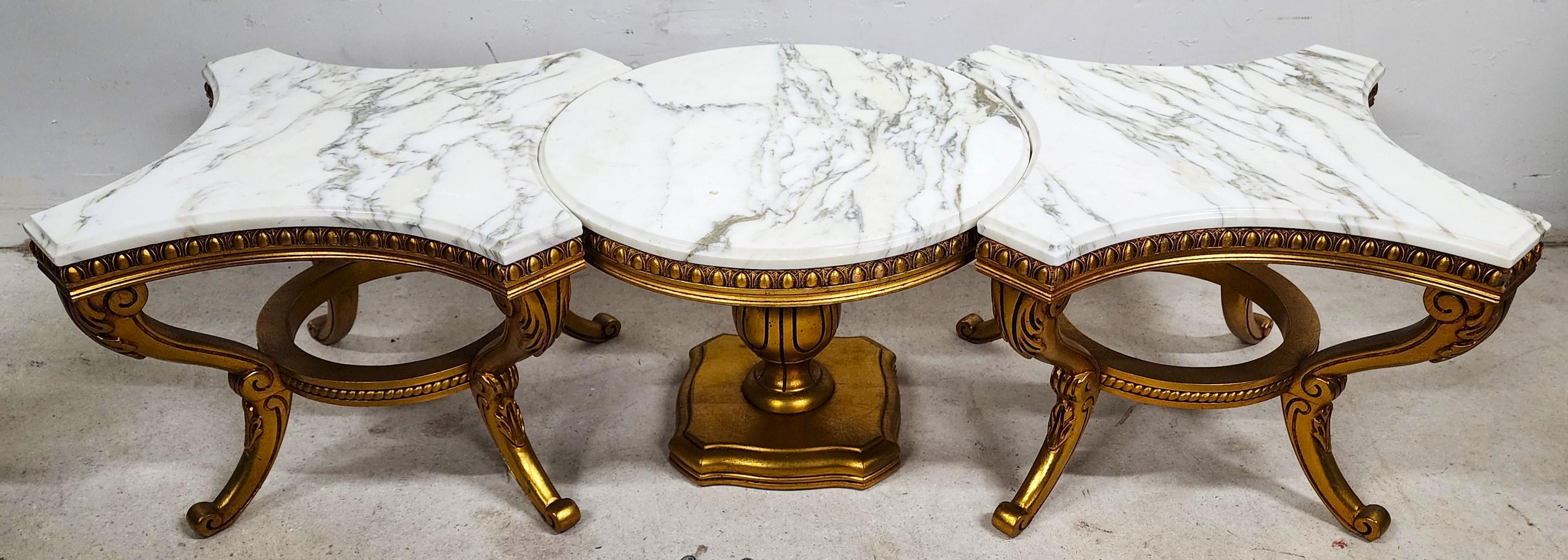 French Provincial Louis VX Coffee Side Tables Marble Gilt Gold Leaf 3 Piece