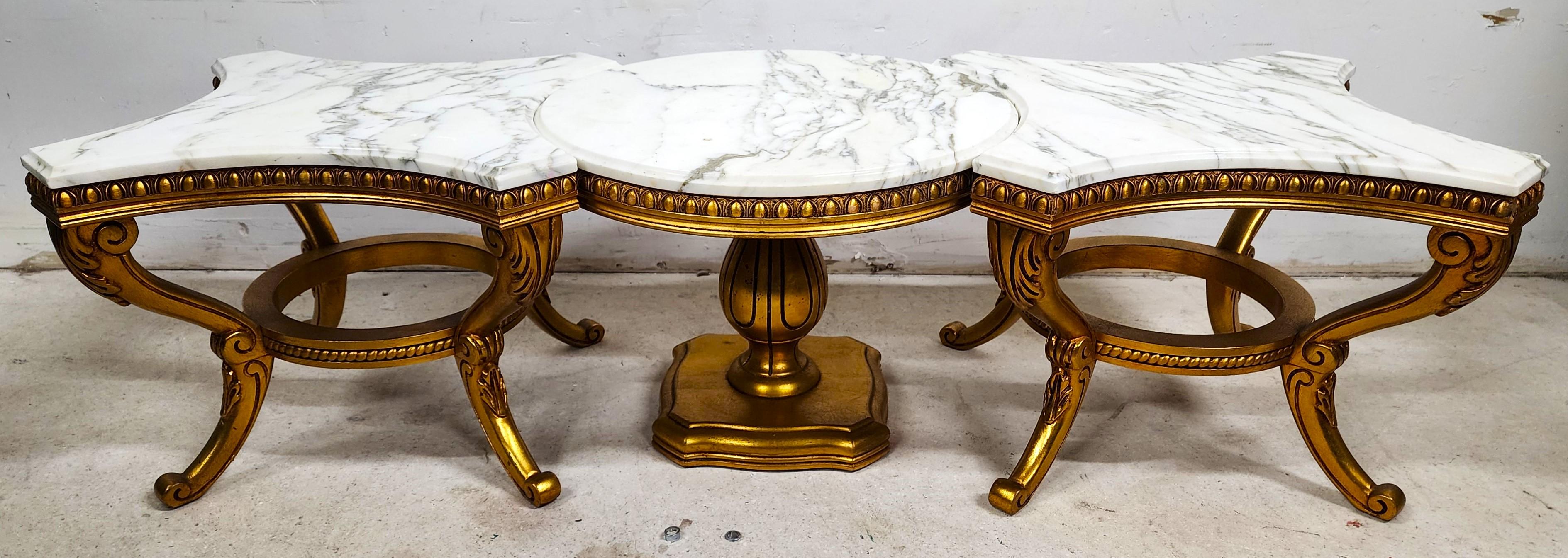 Louis VX Coffee Side Tables Marble Gilt Gold Leaf 3 Piece In Good Condition In Lake Worth, FL