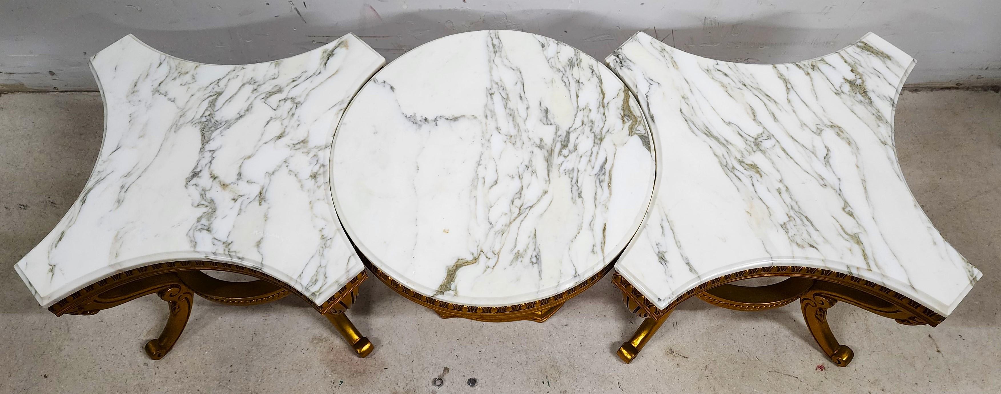 20th Century Louis VX Coffee Side Tables Marble Gilt Gold Leaf 3 Piece