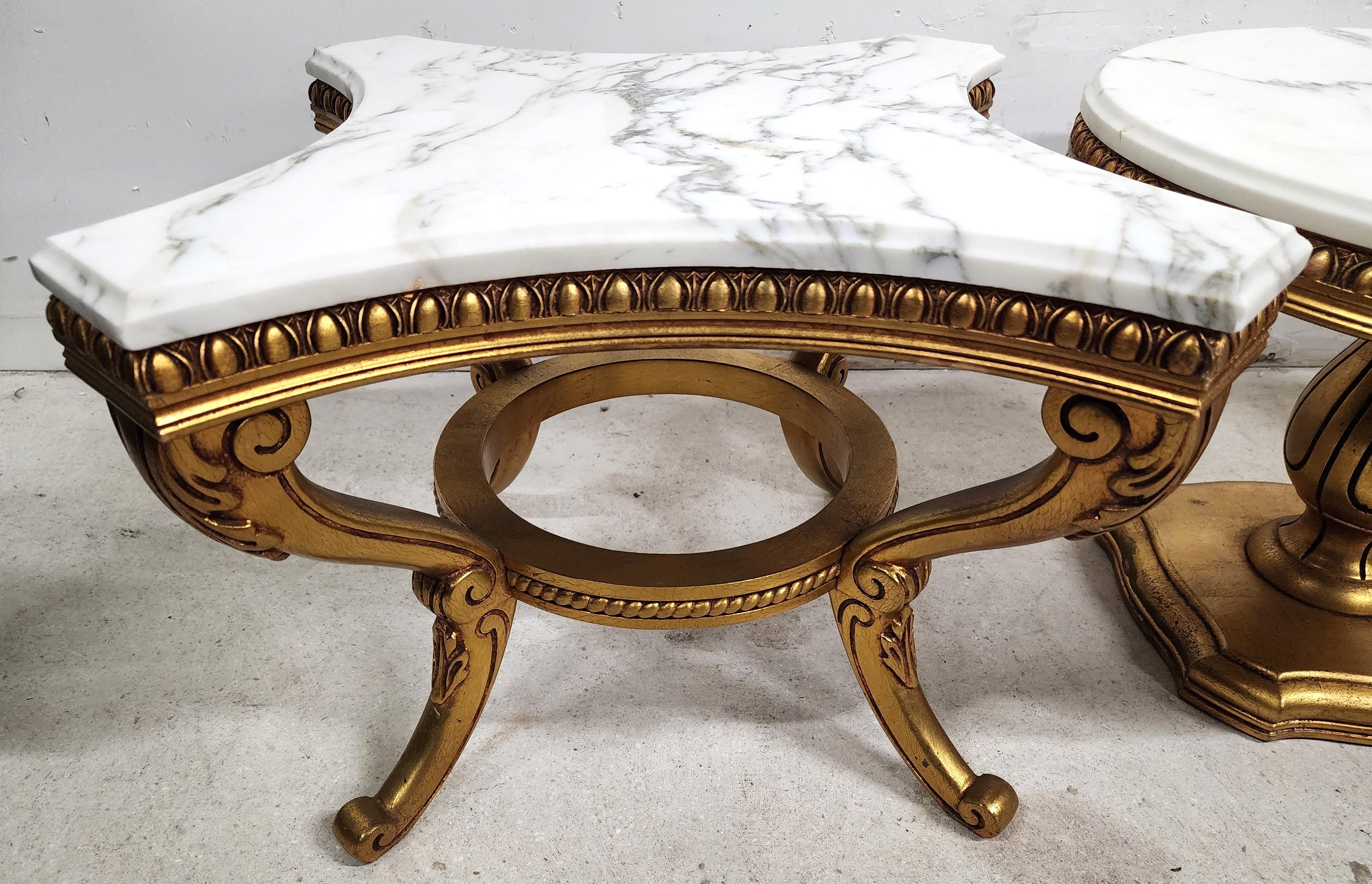 Louis VX Coffee Side Tables Marble Gilt Gold Leaf 3 Piece 4