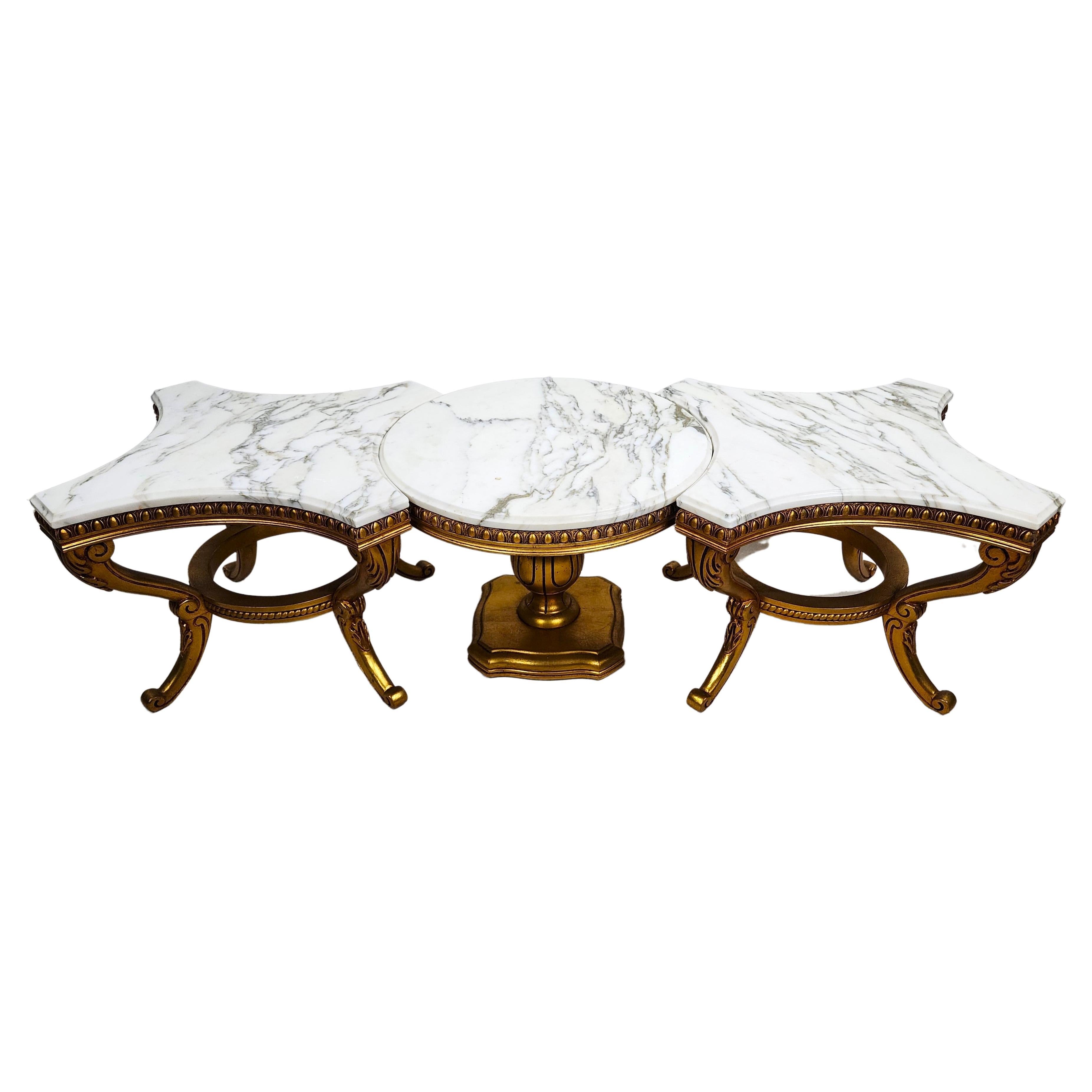 Louis VX Coffee Side Tables Marble Gilt Gold Leaf 3 Piece