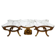 Louis VX Coffee Side Tables Marble Gilt Gold Leaf 3 Piece