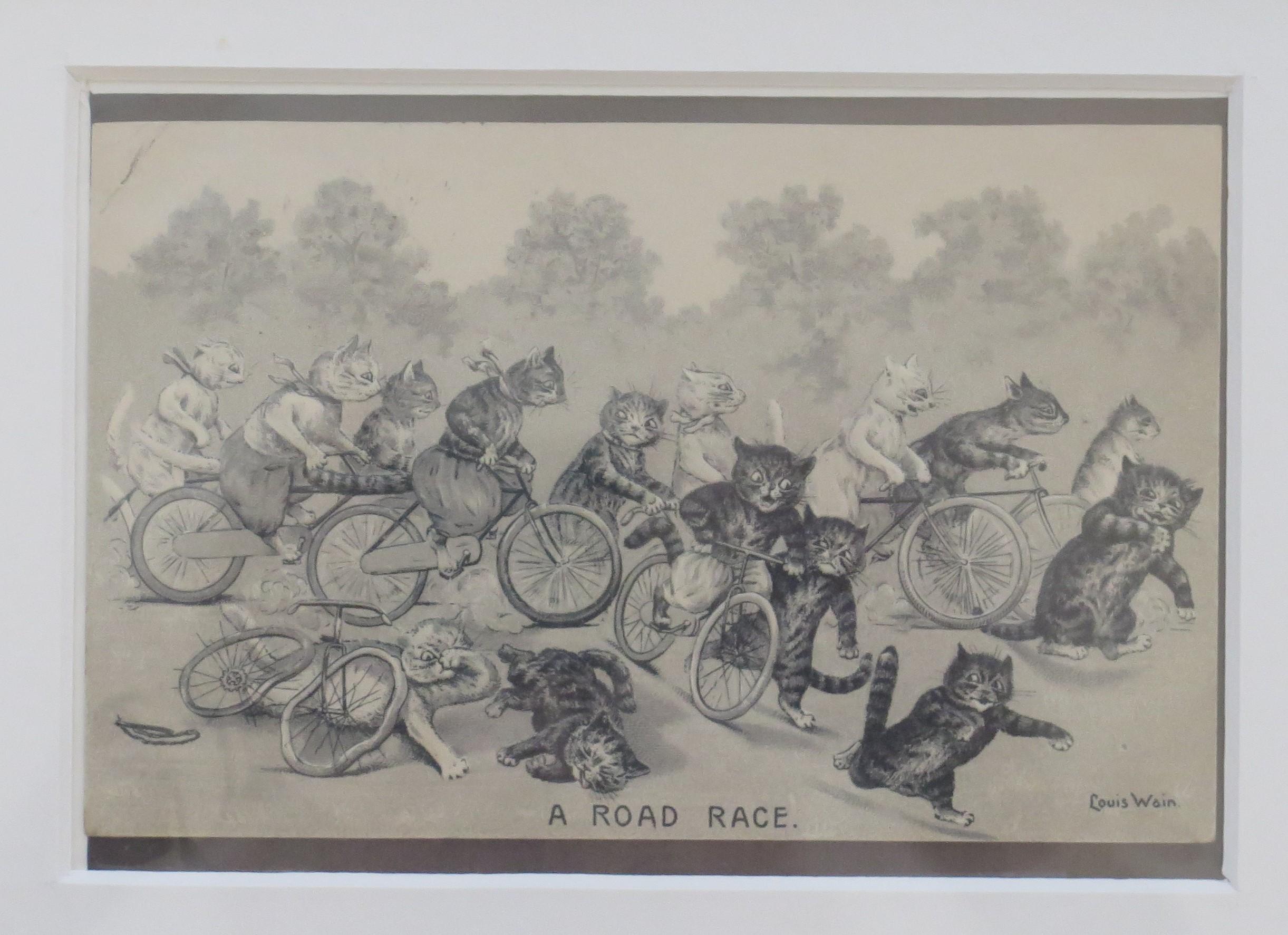 This is a signed cat postcard by Louis Wain, with a cycle racing theme, called 