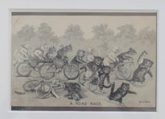 Louis Wain Framed Cat Postcard "A Road Race" Cycle Racing Theme, Edwardian 1905