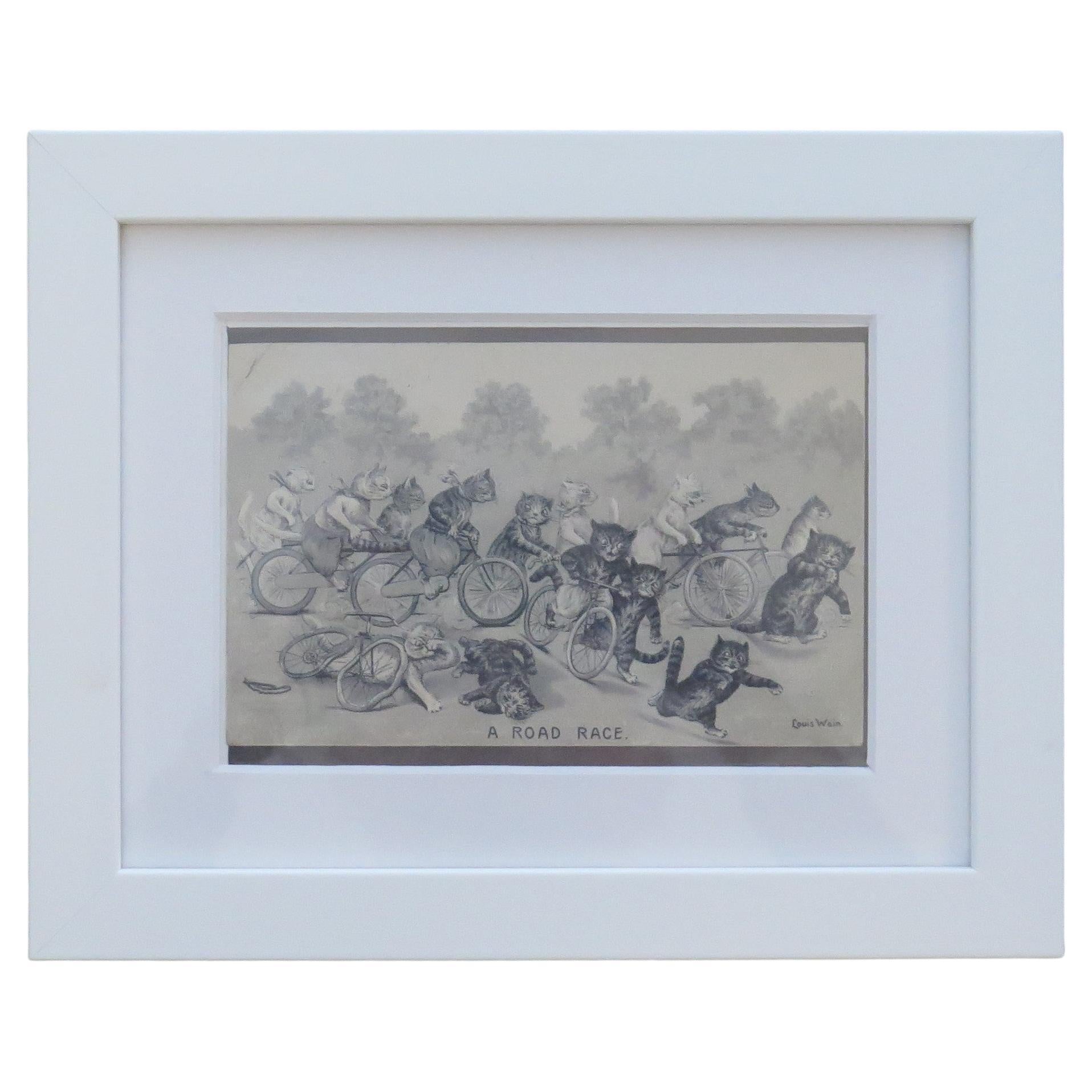 Louis Wain Framed Cat Postcard "A Road Race" Cycle Racing Theme, Edwardian 1905