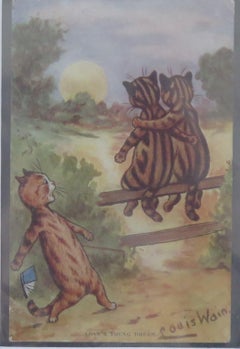 Louis Wain Framed Cat Postcard "Love's Young Dream" Edwardian, Brighton, 1904