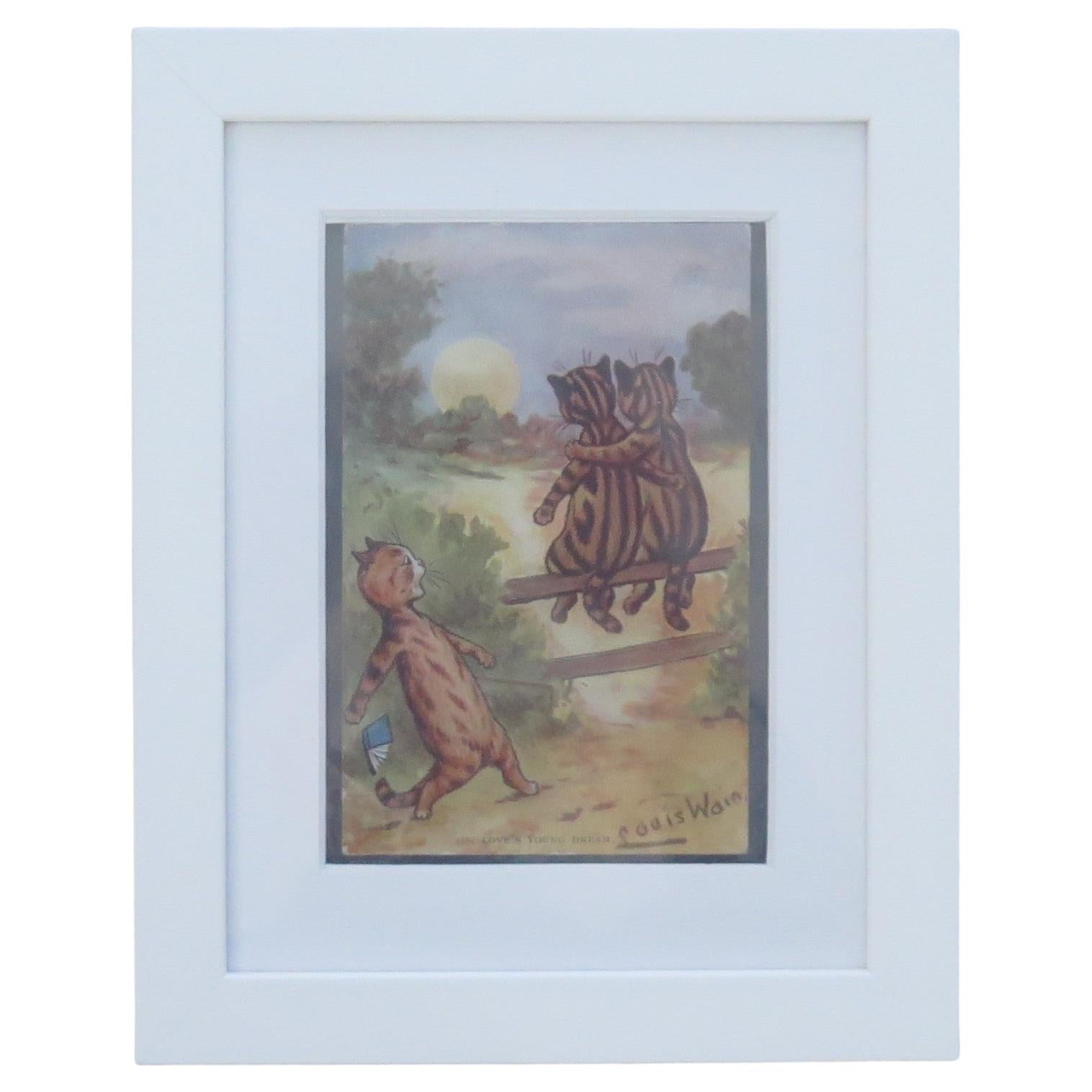 Louis Wain Framed Cat Postcard "Love's Young Dream" Edwardian, Brighton, 1904 For Sale