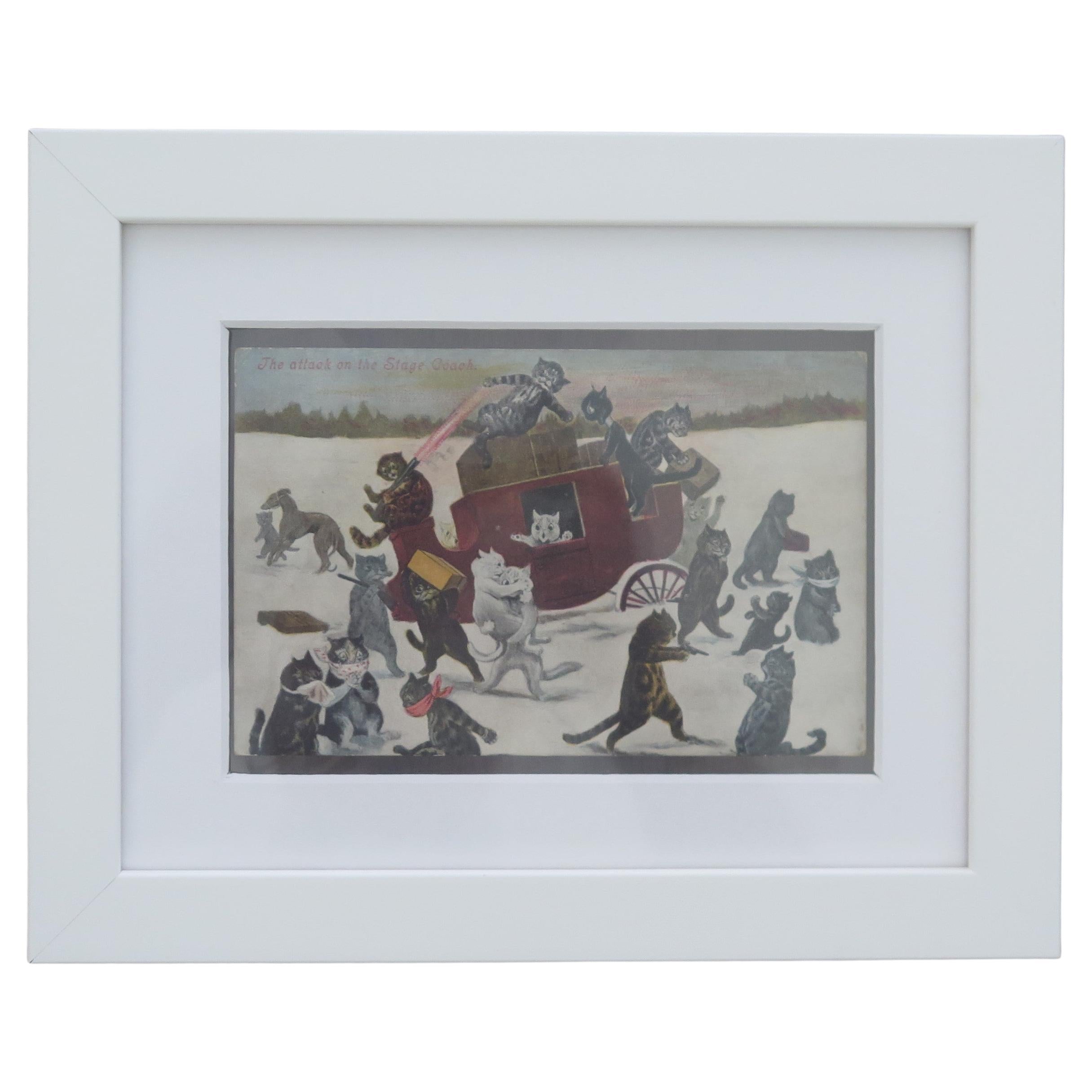 Louis Wain framed Cat Postcard "The attack on the Stage Coach",  Edwardian, 1903