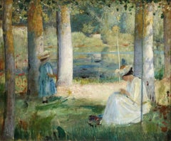 By the Lake - Summer - 19e siècle Huile, Figures dans un paysage d'été - L Hawkins