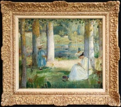 By the Lake - Summer - 19th Century Oil, Figures in Summer Landscape - L Hawkins