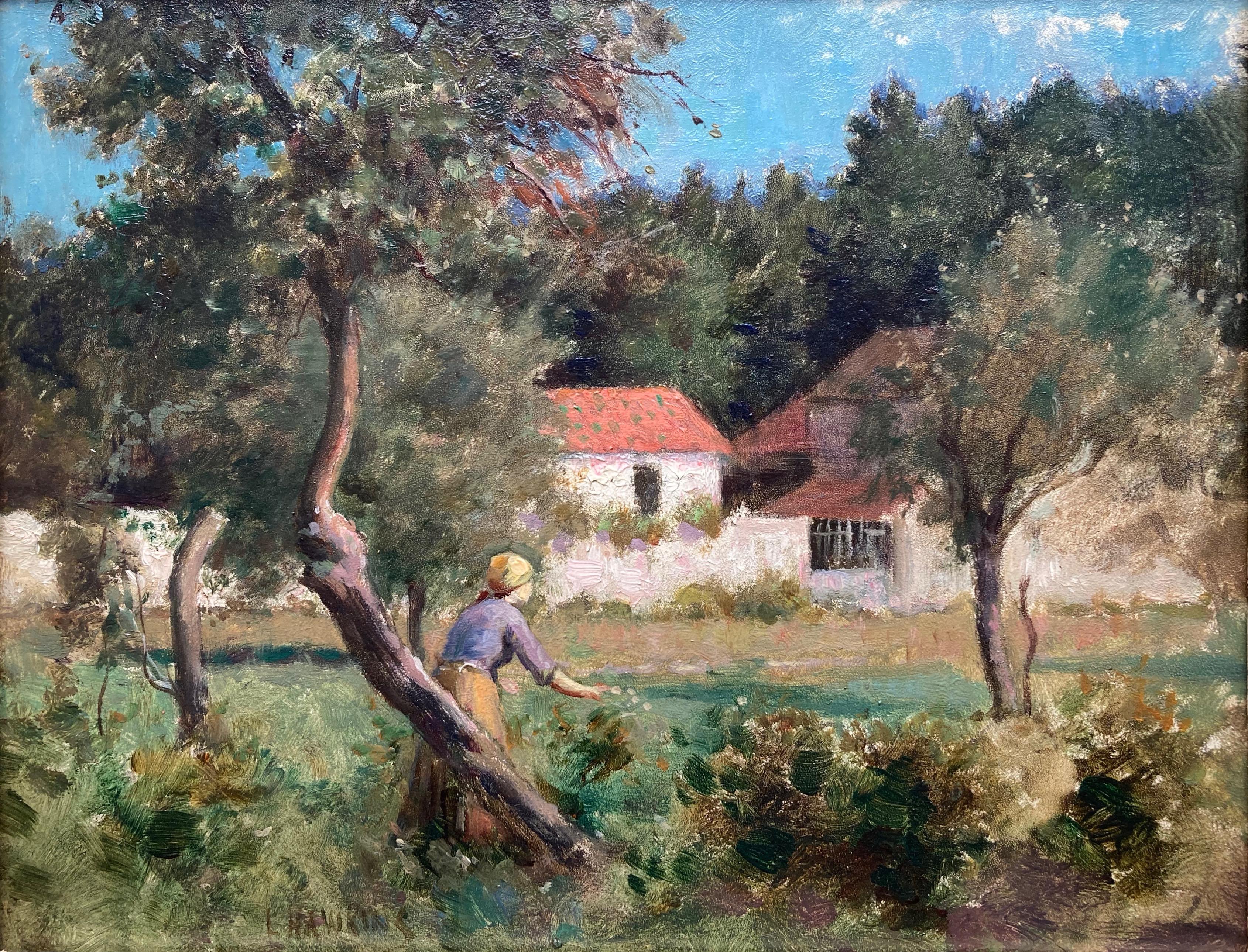 An idyllic scene painted by this most talented artist.

Louis Welden Hawkins (1849-1910)
A figure working in a farmstead, Northern France
Signed
Oil on panel
7½ x 9½ inches

Louis Welden Hawkins was born in Stuttgart, Germany on 1 July 1849. His