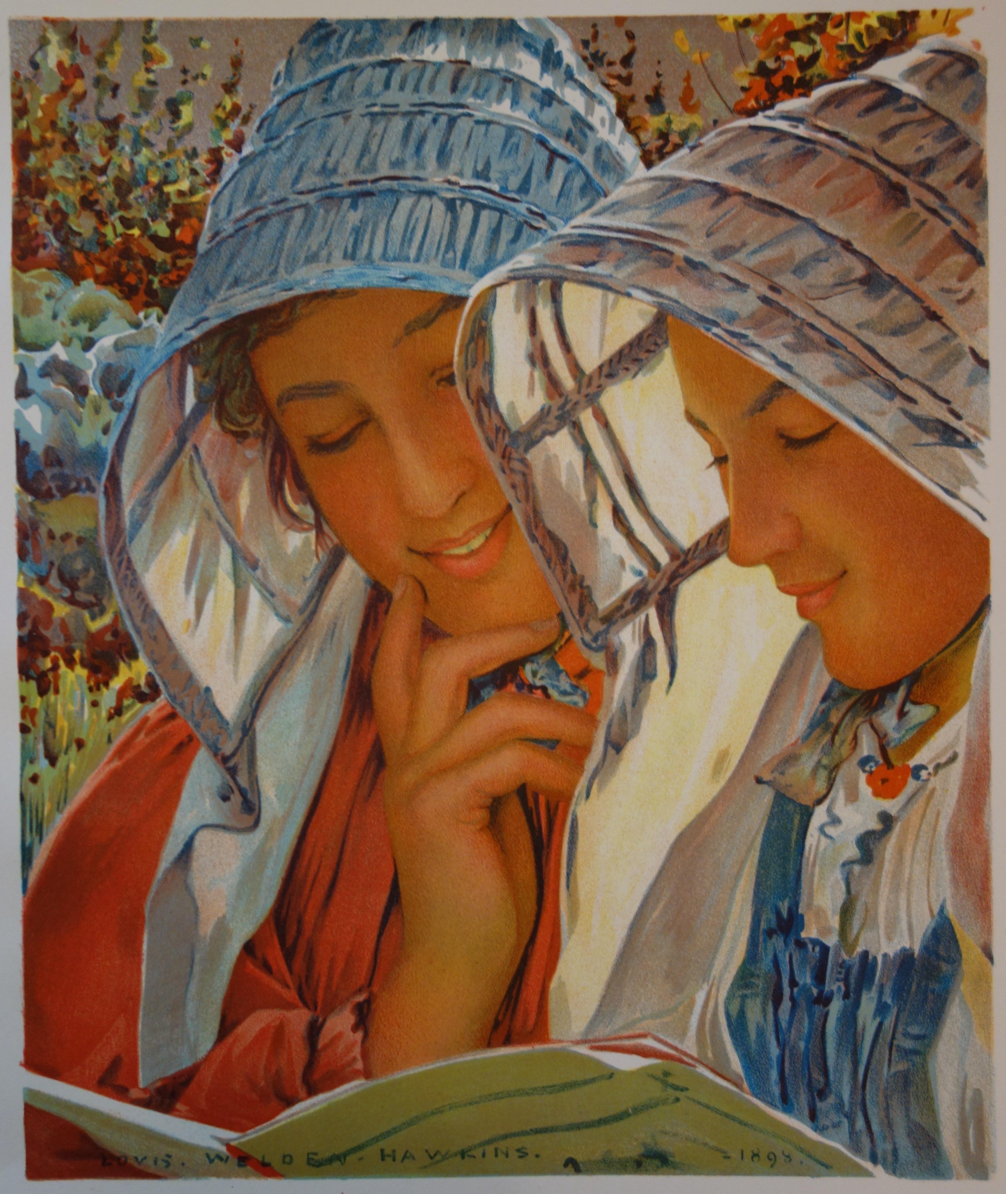 Les femmes appréciant un livre - Lithographie originale (L'Estampe Moderne 1897-1898) - Gris Figurative Print par Louis Welden Hawkins