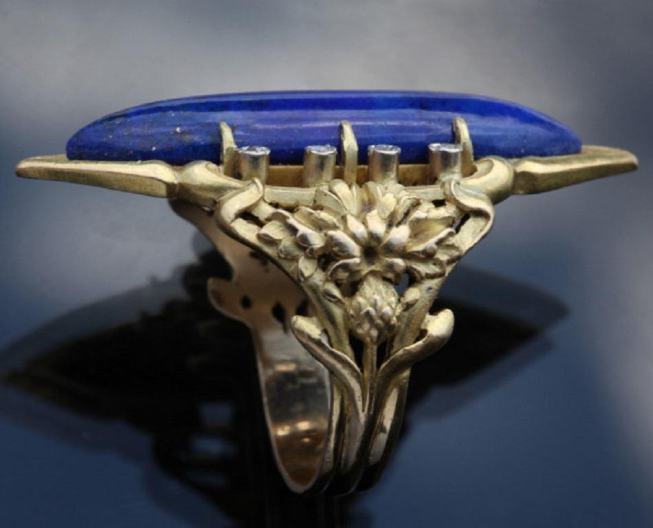 Marquise Cut Louis Wièse Art Nouveau Lapis Lazuli Diamond Gold Cornflower Motif Cocktail Ring For Sale