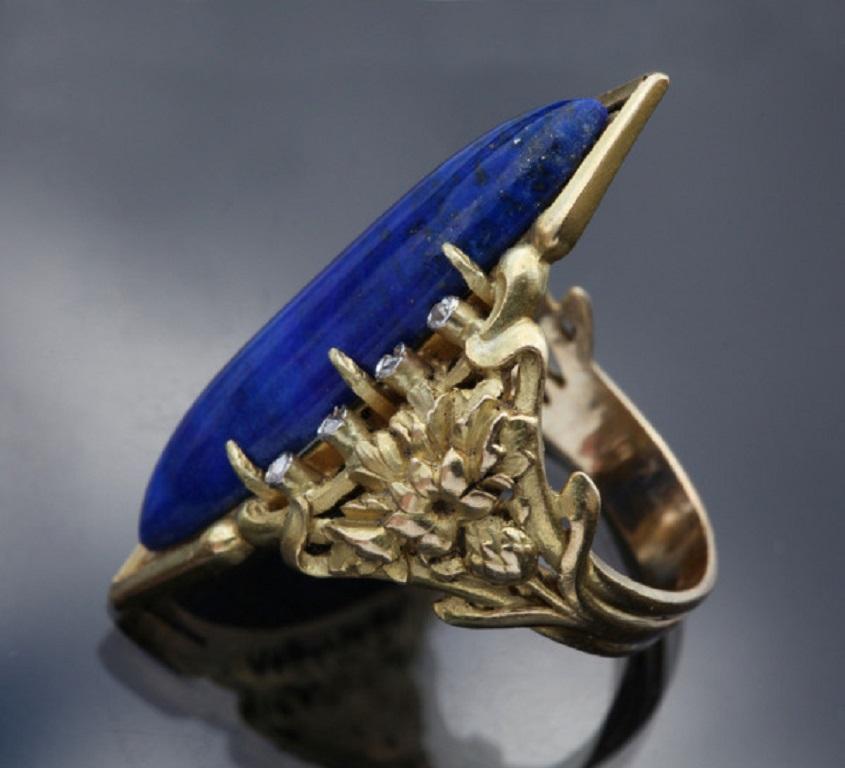 Louis Wièse Art Nouveau Lapis Lazuli Diamond Gold Cornflower Motif Cocktail Ring In Good Condition For Sale In London, GB