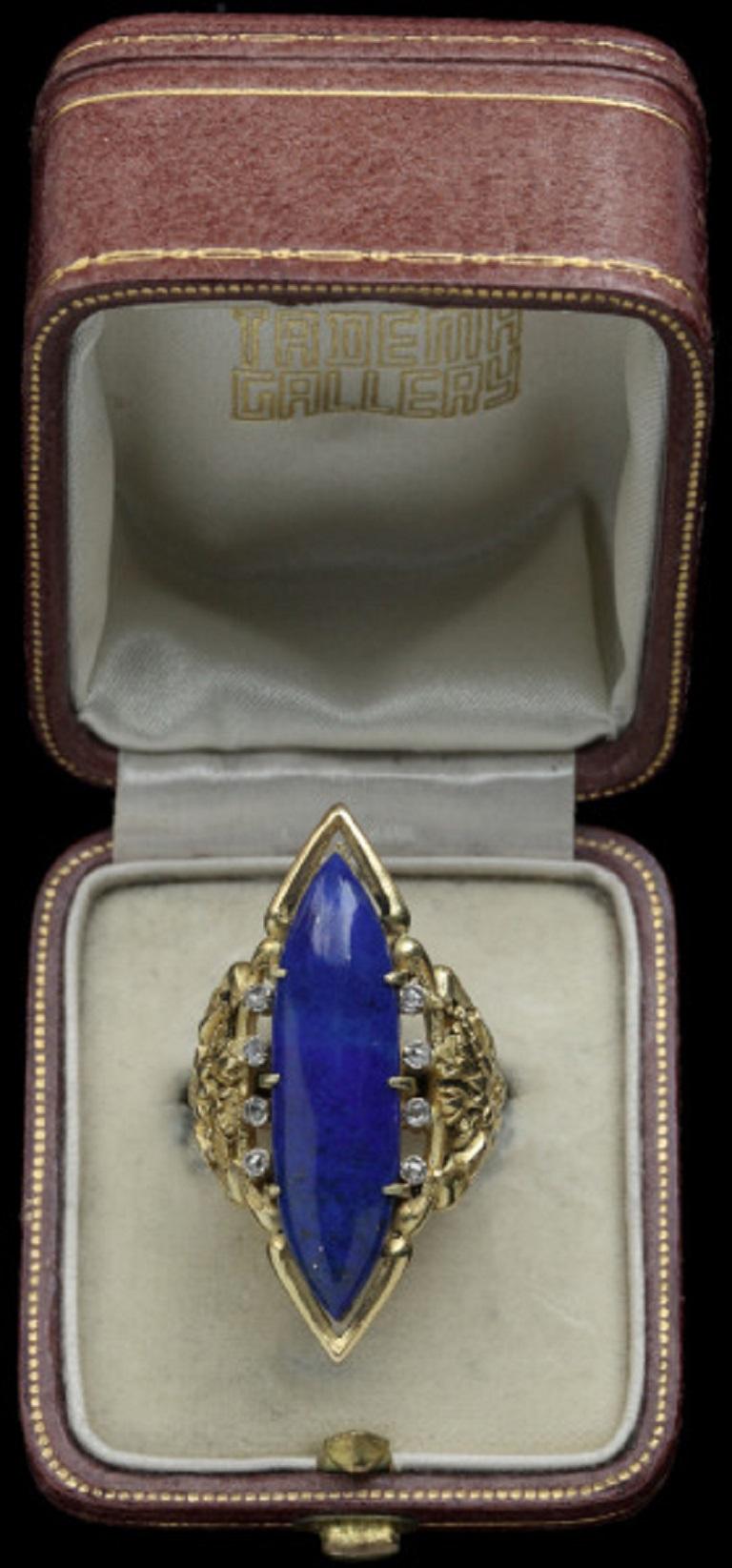 Louis Wièse Art Nouveau Lapis Lazuli Diamond Gold Cornflower Motif Cocktail Ring For Sale 2