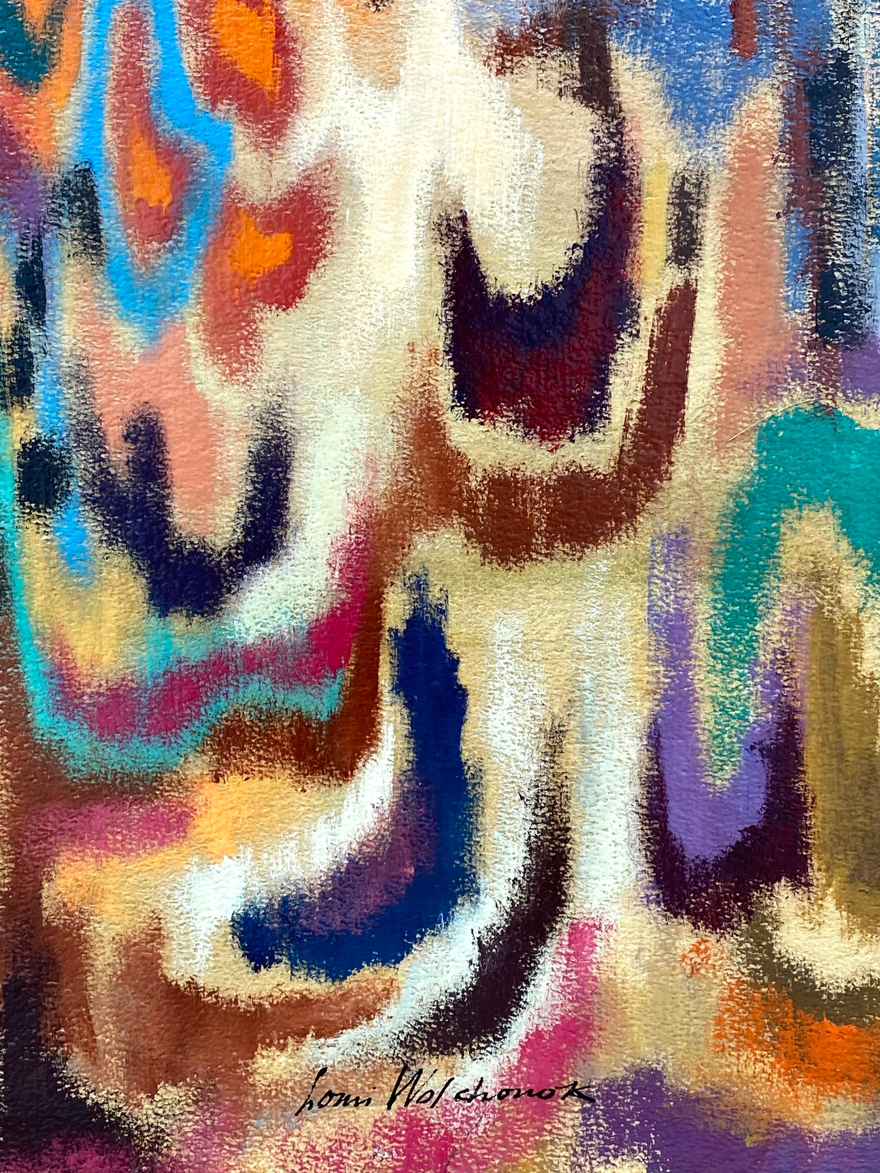 Original oil painting on thick fiberboard by the well know American artist Louis Wolchonok.  Circa 1960. An abstract with hidden faces in an out of focus dreamlike technique.  Condition is excellent. The painting is in its original frame in a satin