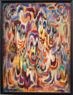Antique American School Mid Century Modern Abstract Vibrant Framed Oil Painting