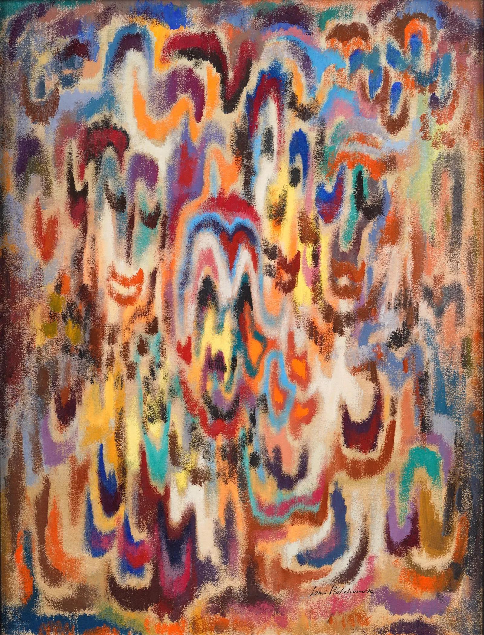 Antiguo cuadro al óleo abstracto enmarcado de la Escuela Americana Moderna de mediados de siglo - Painting Abstracto de Louis Wolchonok