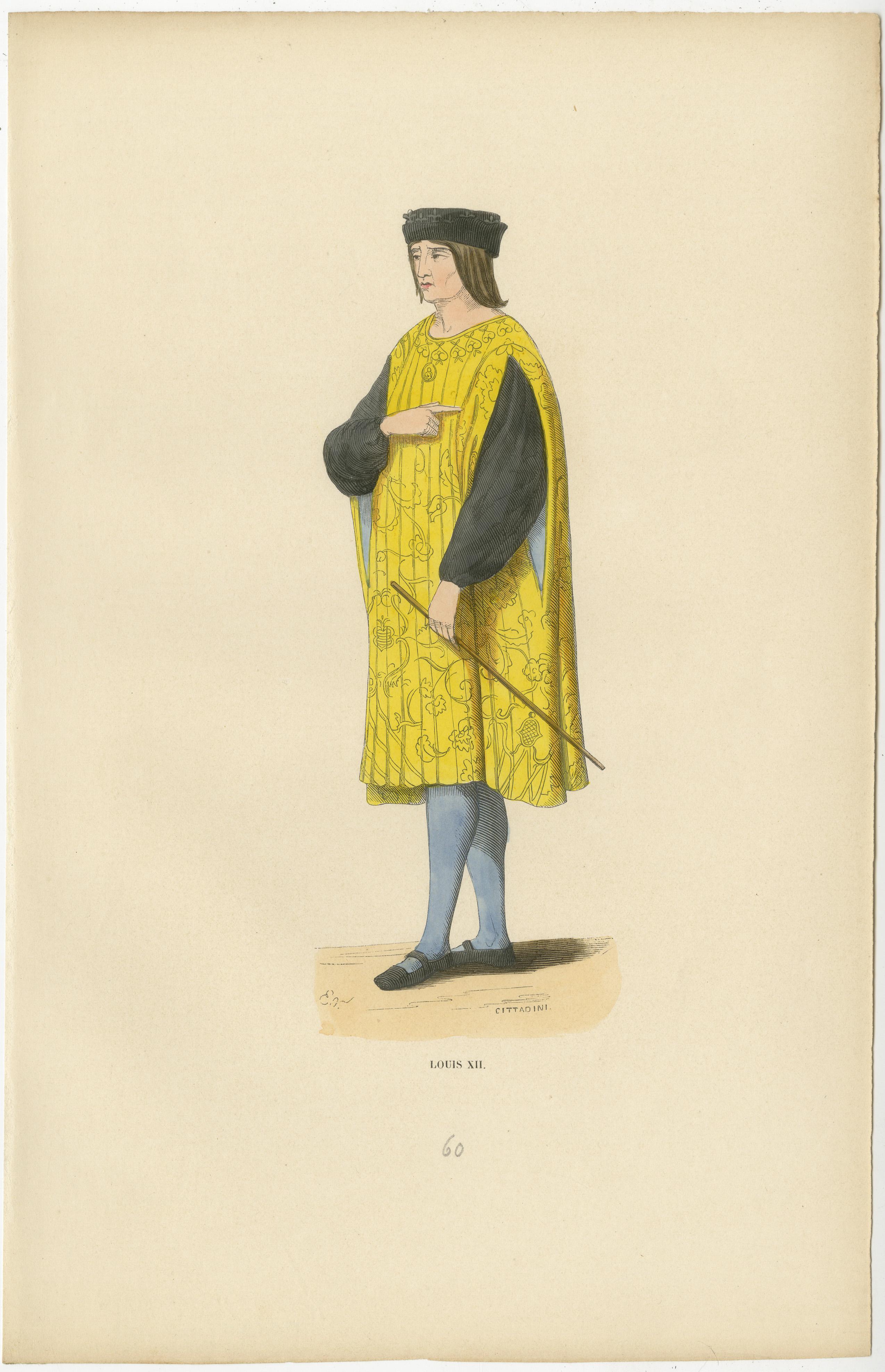 This print presents a dignified portrait of Louis XII, King of France, known for his prudent and just reign. Standing in profile, the king is depicted in royal attire that is both lavish and emblematic of his status.

He is wearing a long, richly