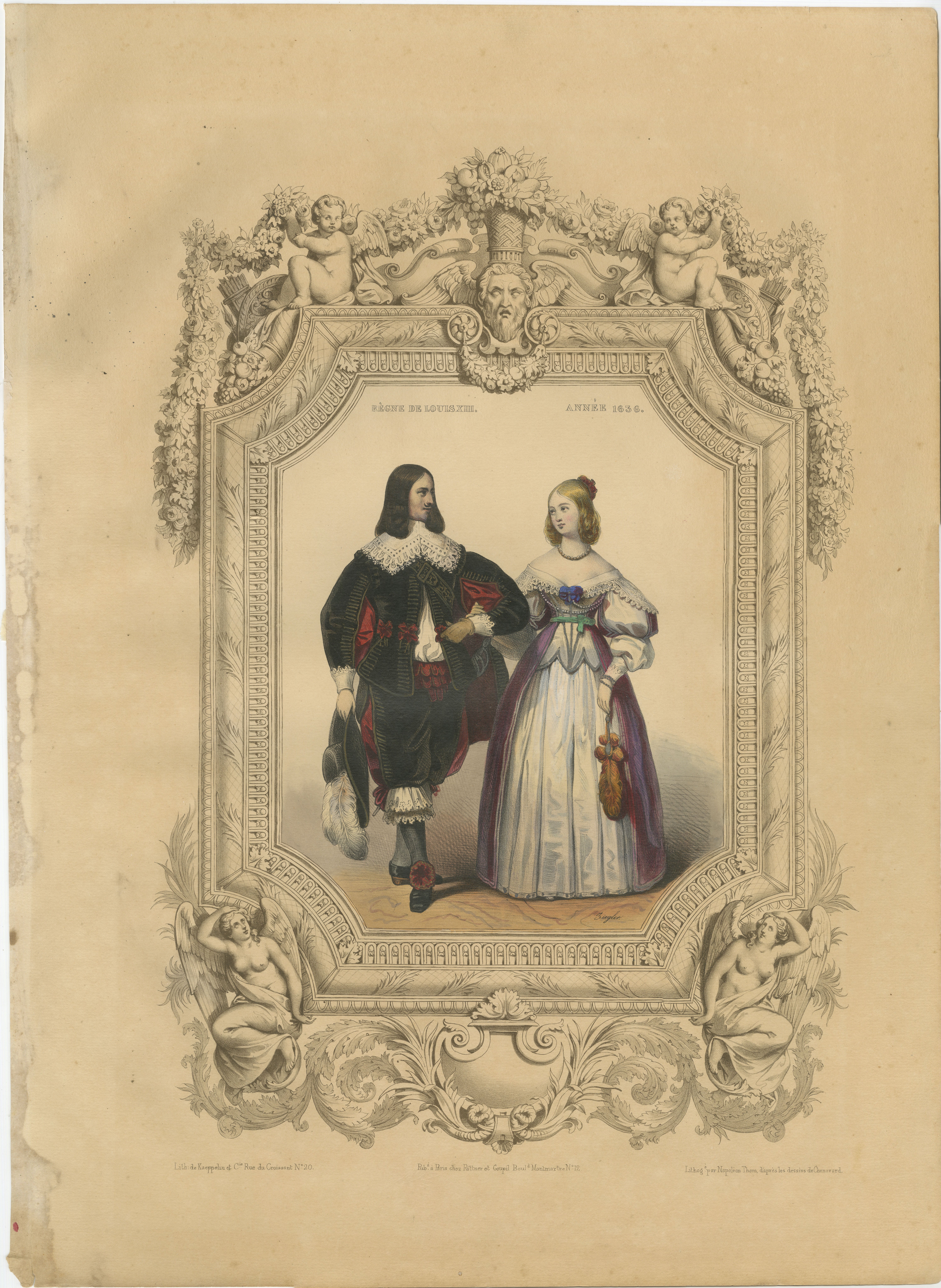 Louis XIII & Anne of Austria French Court Costume Lithograph, 1847