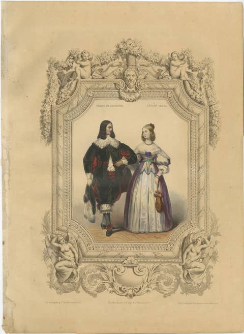 Louis XIII & Anne of Austria French Court Costume Lithograph, 1847