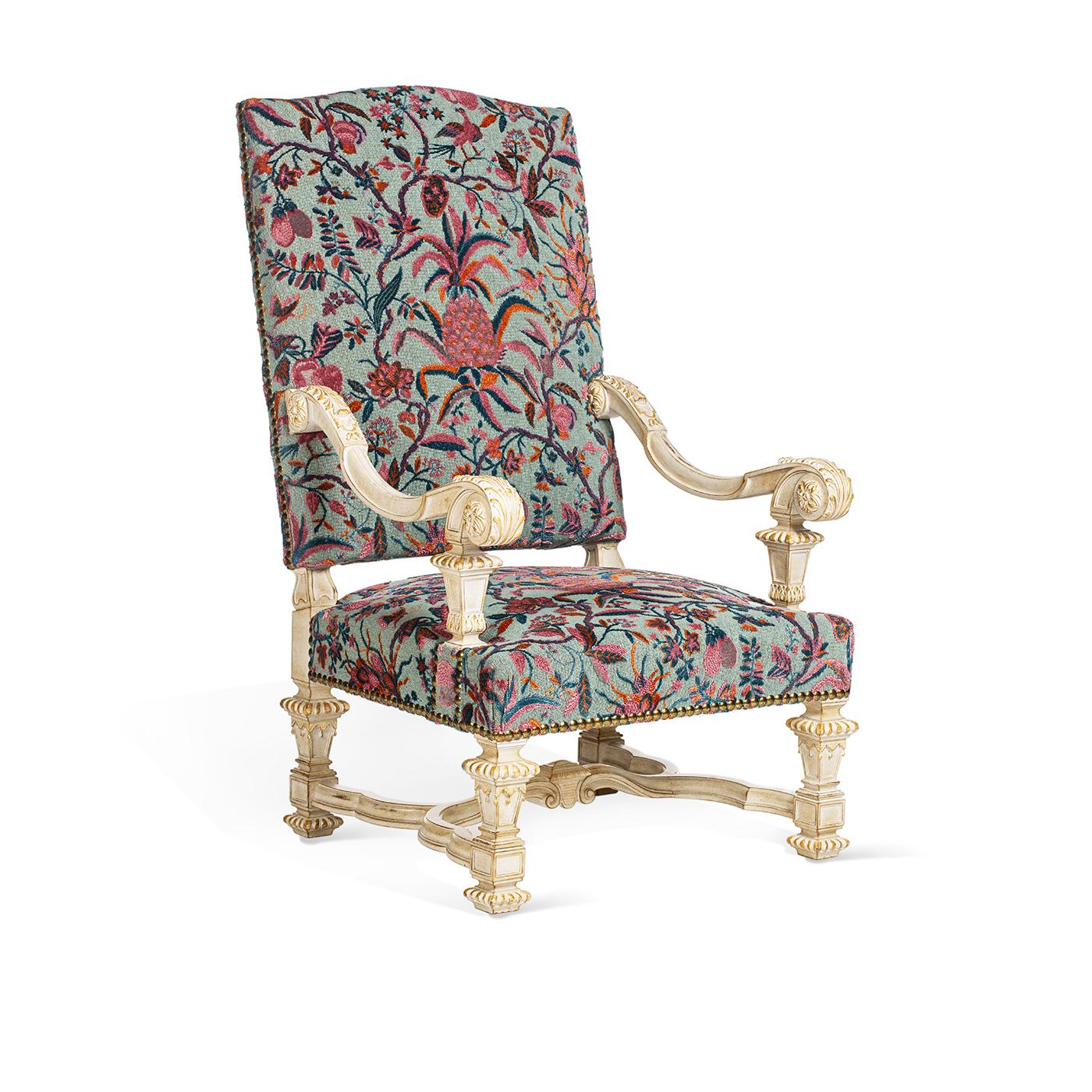 This fancy armchair is fully padded for a comfortable seat, made of beechwood and upholstered in premium fabric with a floral motif. It has golden carvings all around it and they are all hand-made by expert craftsmen. The seat is 38cm tall by itself