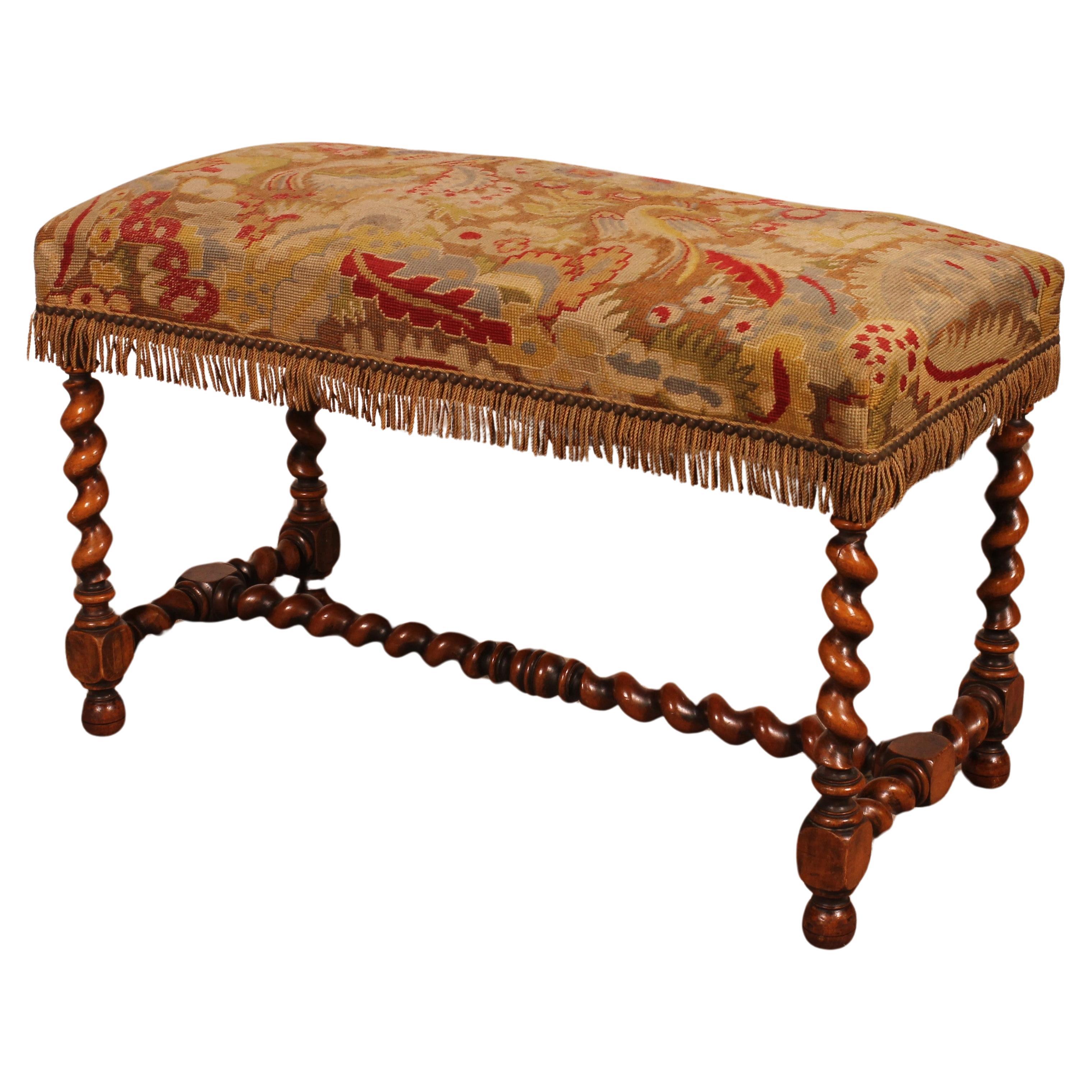 Louis XIII Bench In Walnut With Its Tapestry For Sale