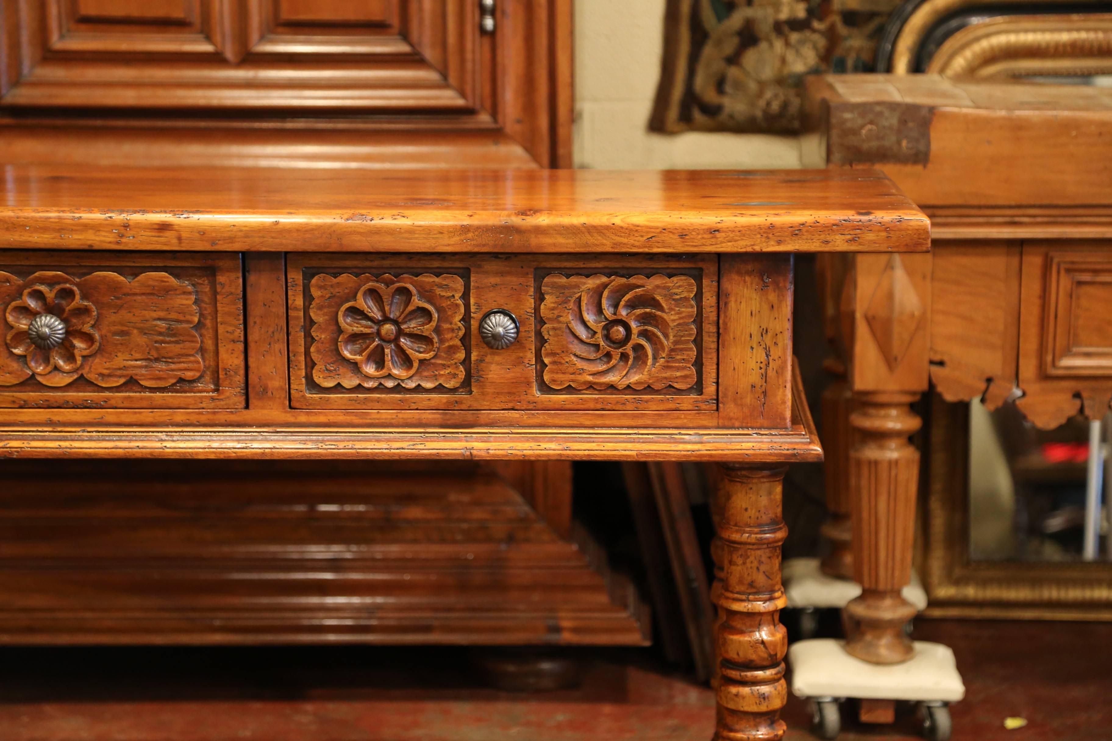 American French Louis XIII Carved Walnut Console Sofa Table with Drawers