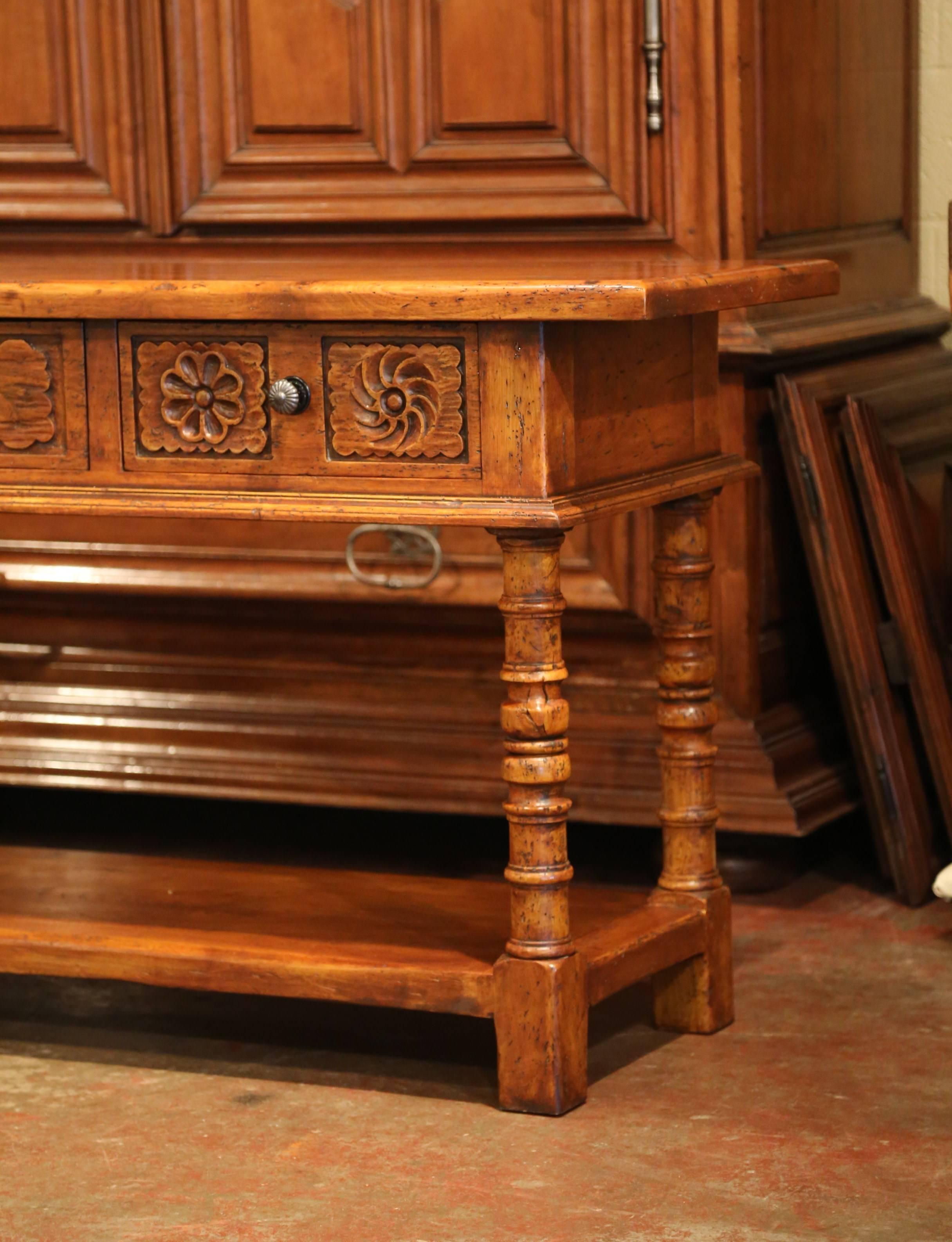 French Louis XIII Carved Walnut Console Sofa Table with Drawers 1