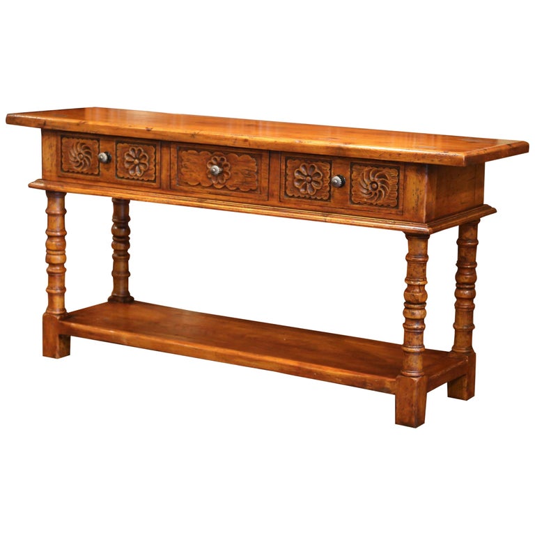 Louis XIII HandCarved Distressed Walnut Console Sofa Table with