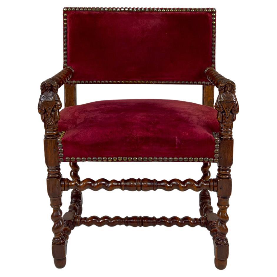 Louis XIII / Haute Epoque style armchair with women sculpted on the armrests. For Sale