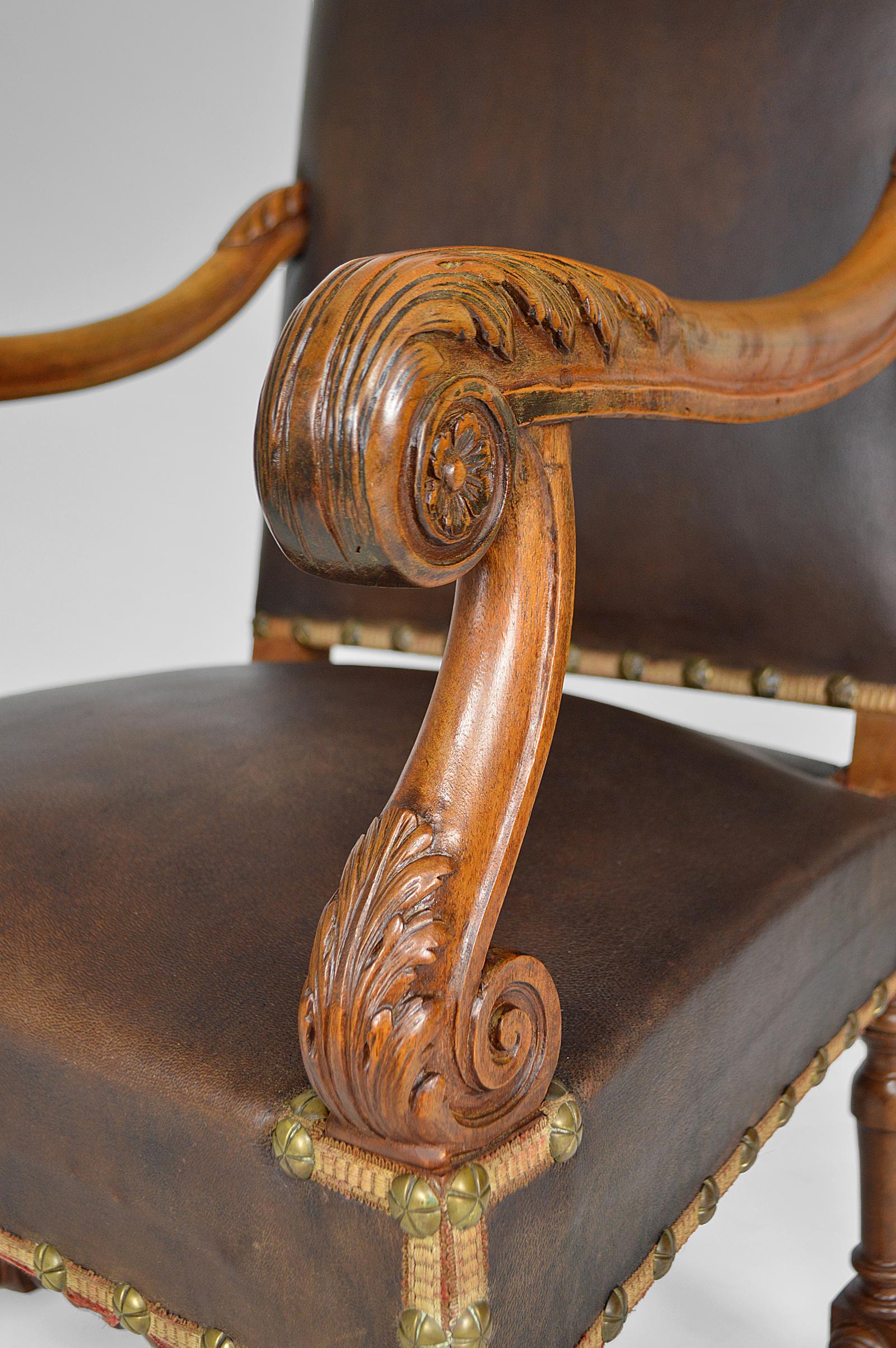 Louis XIII Office Armchair in Leather and Carved Walnut, France, circa 1860 For Sale 6