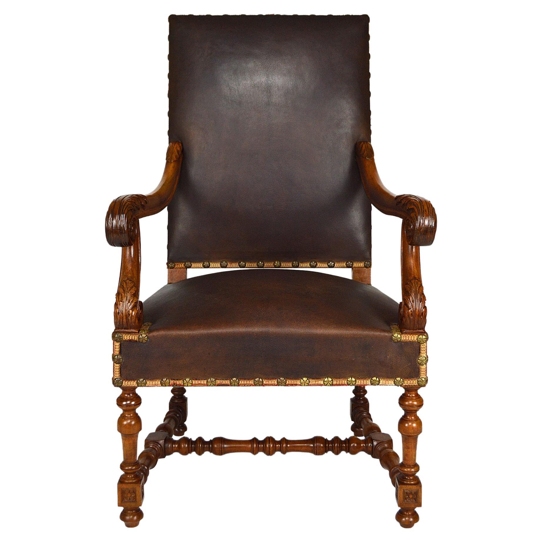 Louis XIII Office Armchair in Leather and Carved Walnut, France, circa 1860 For Sale