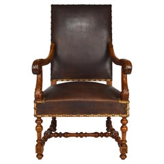 Antique Louis XIII Office Armchair in Leather and Carved Walnut, France, circa 1860