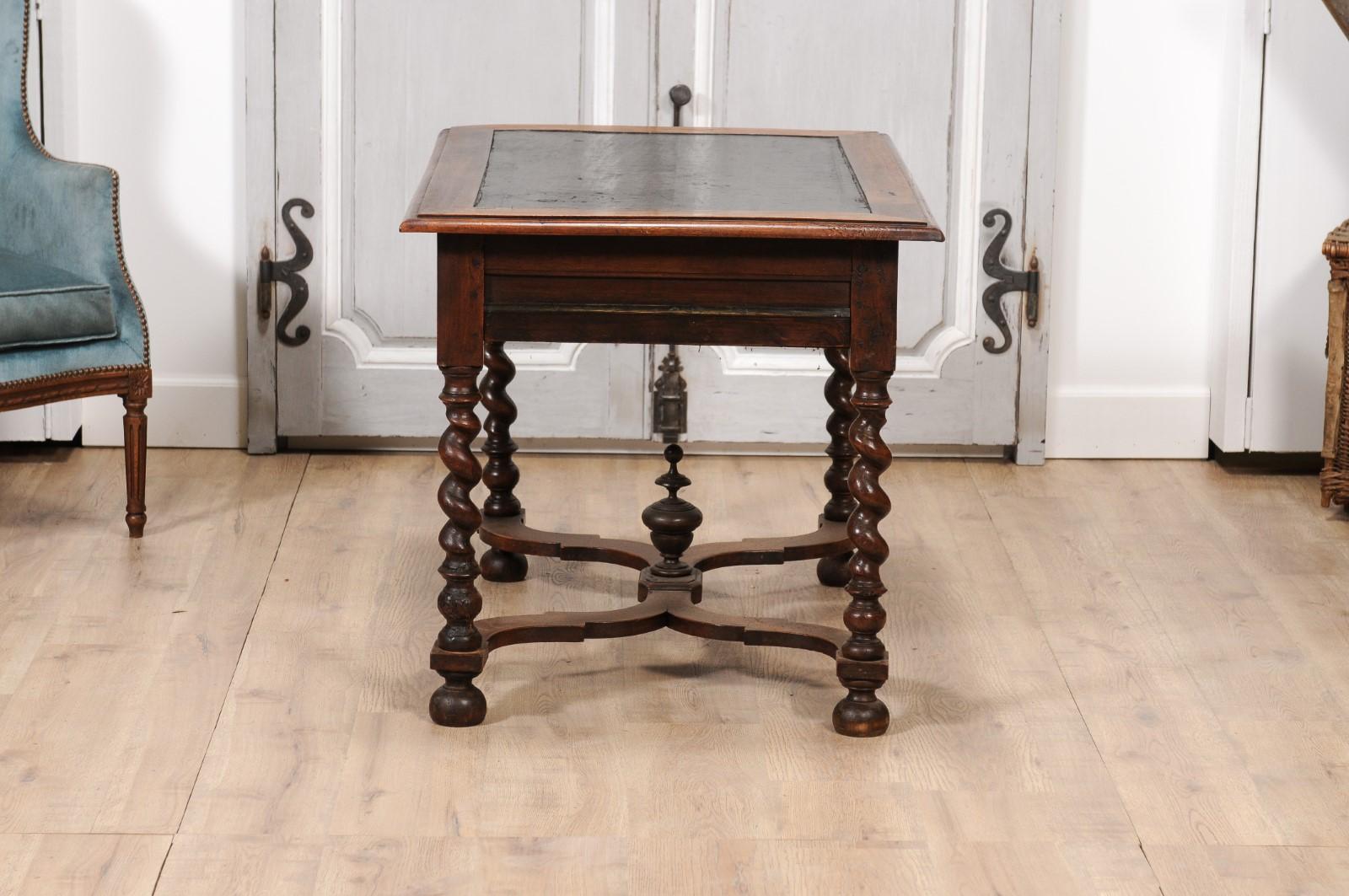 French Louis XIII Period 1630s Carved Walnut Barley Twist Table with Black Painted Top For Sale