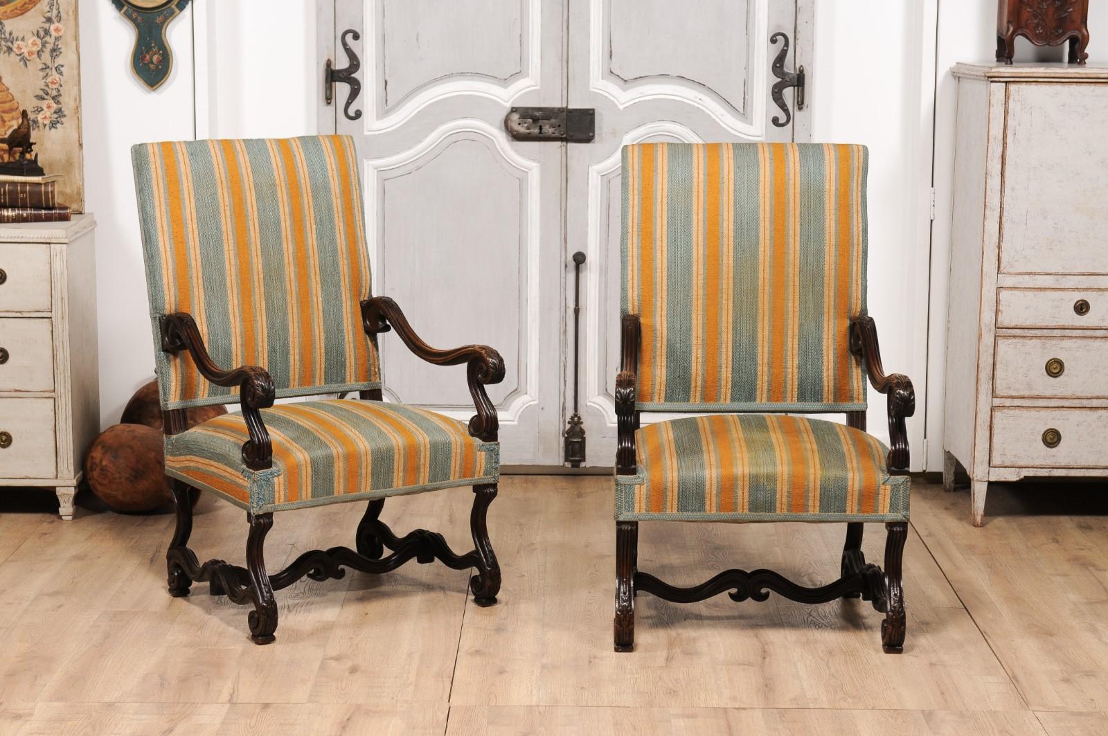 Louis XIII Style 19th Century French Os de Mouton Walnut Armchairs, a Pair In Good Condition For Sale In Atlanta, GA