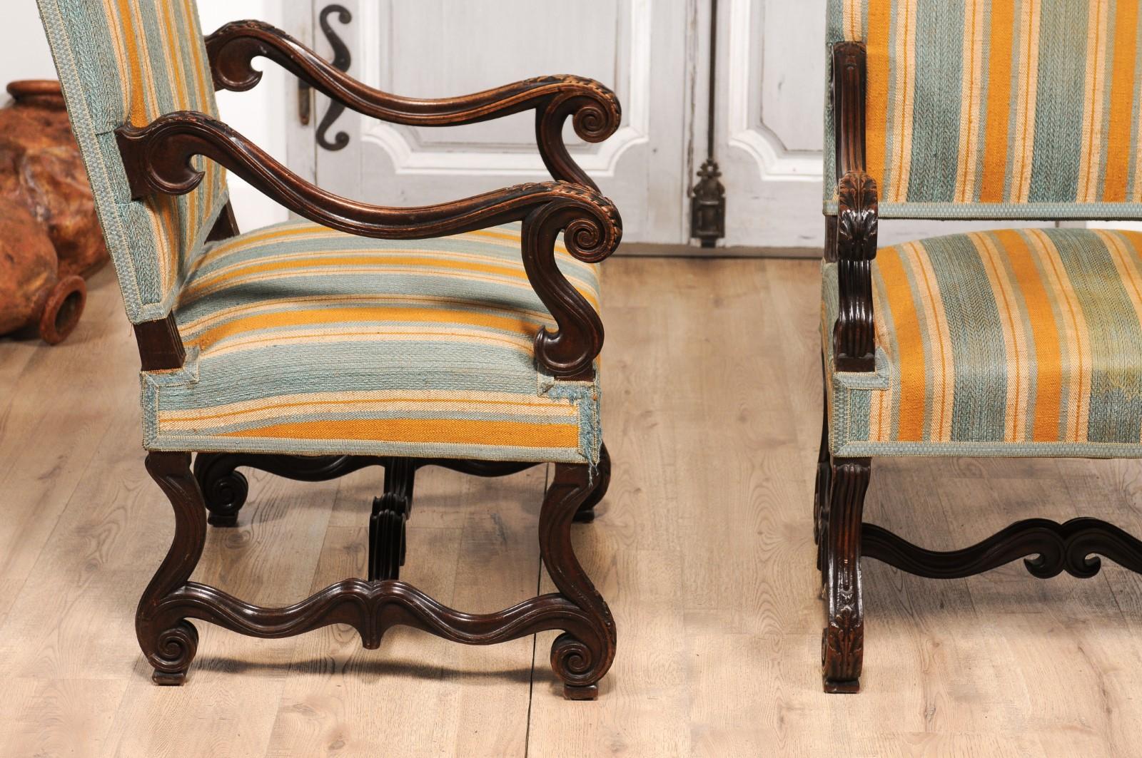 Louis XIII Style 19th Century French Os de Mouton Walnut Armchairs, a Pair For Sale 2