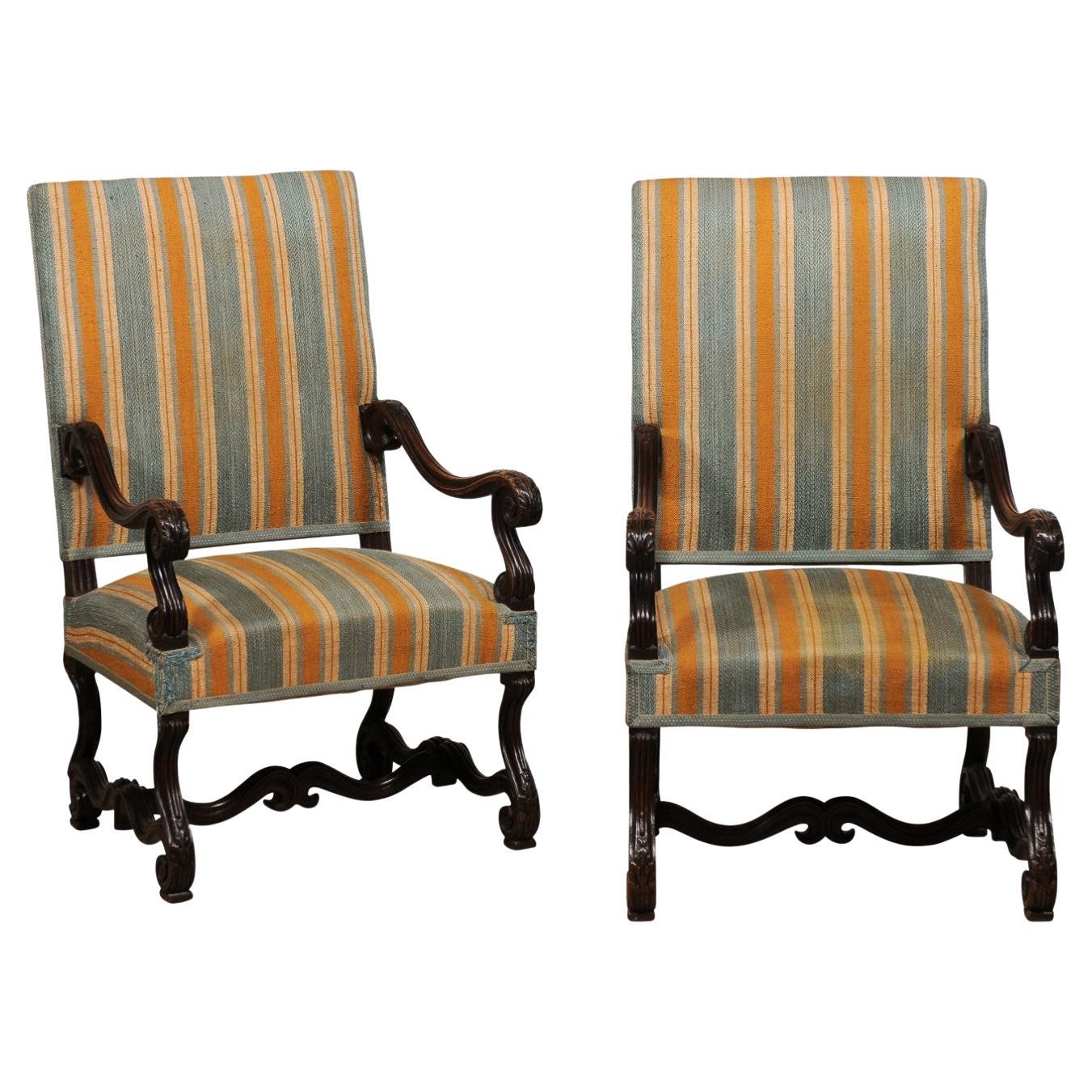 Louis XIII Style 19th Century French Os de Mouton Walnut Armchairs, a Pair For Sale