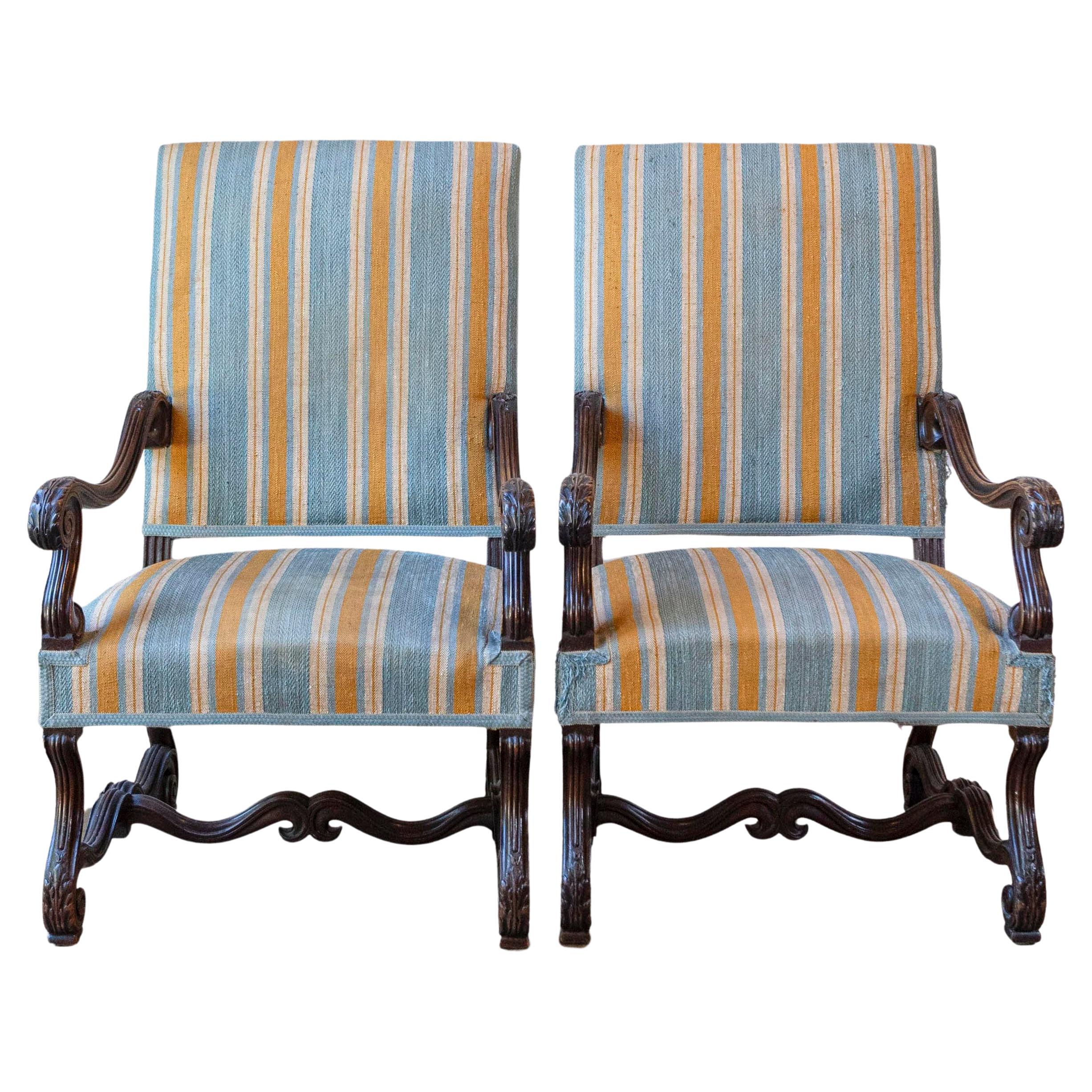 Louis XIII Style 19th Century French Os de Mouton Walnut Armchairs, a Pair