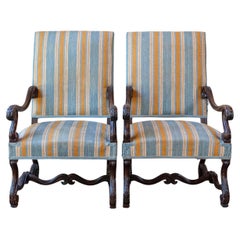 Louis XIII Style 19th Century French Os de Mouton Walnut Armchairs, a Pair
