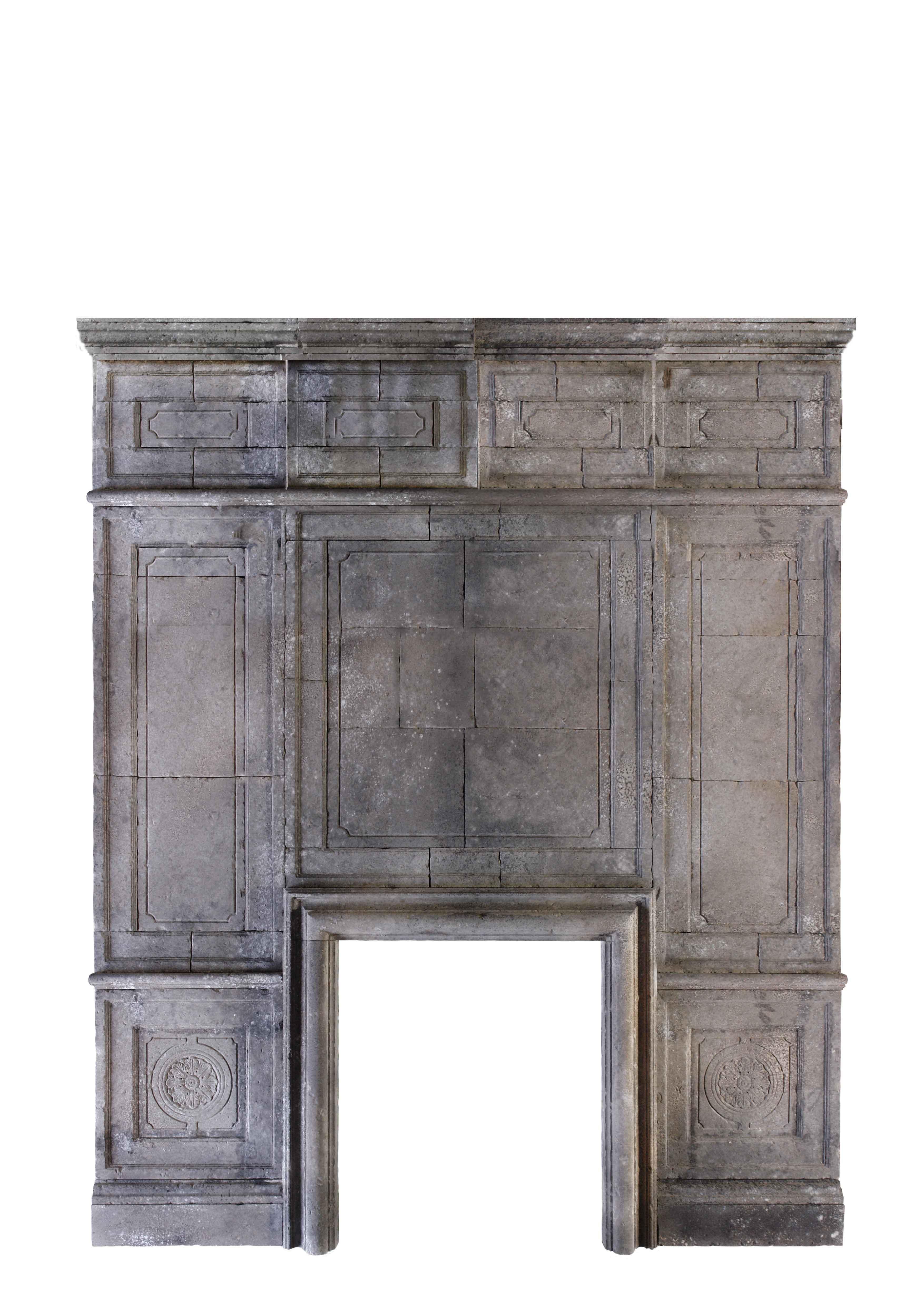 20th Century Louis XIII Style Fireplace and Wall Panels in Limestone from France For Sale