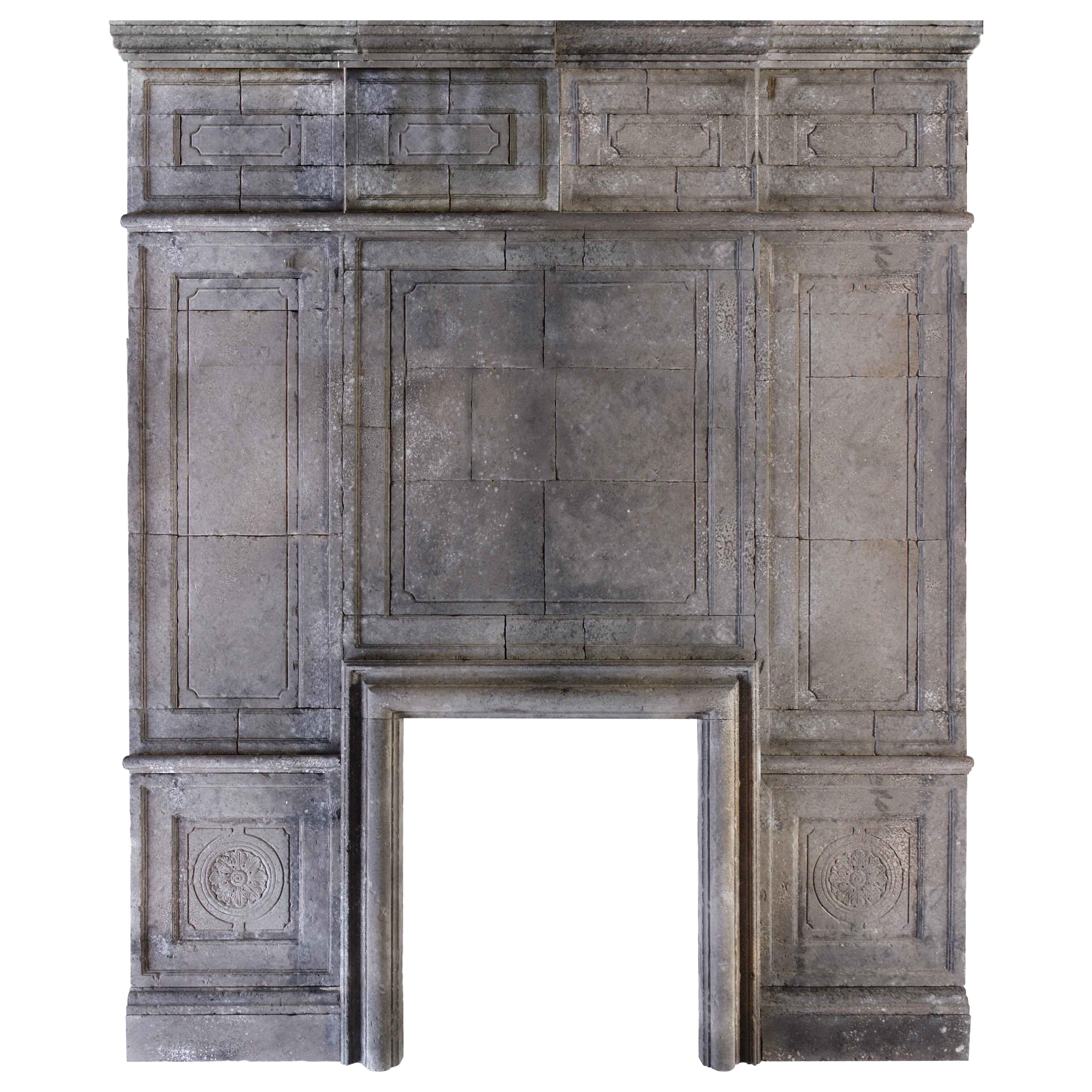 Louis XIII Style Fireplace and Wall Panels in Limestone from France For Sale