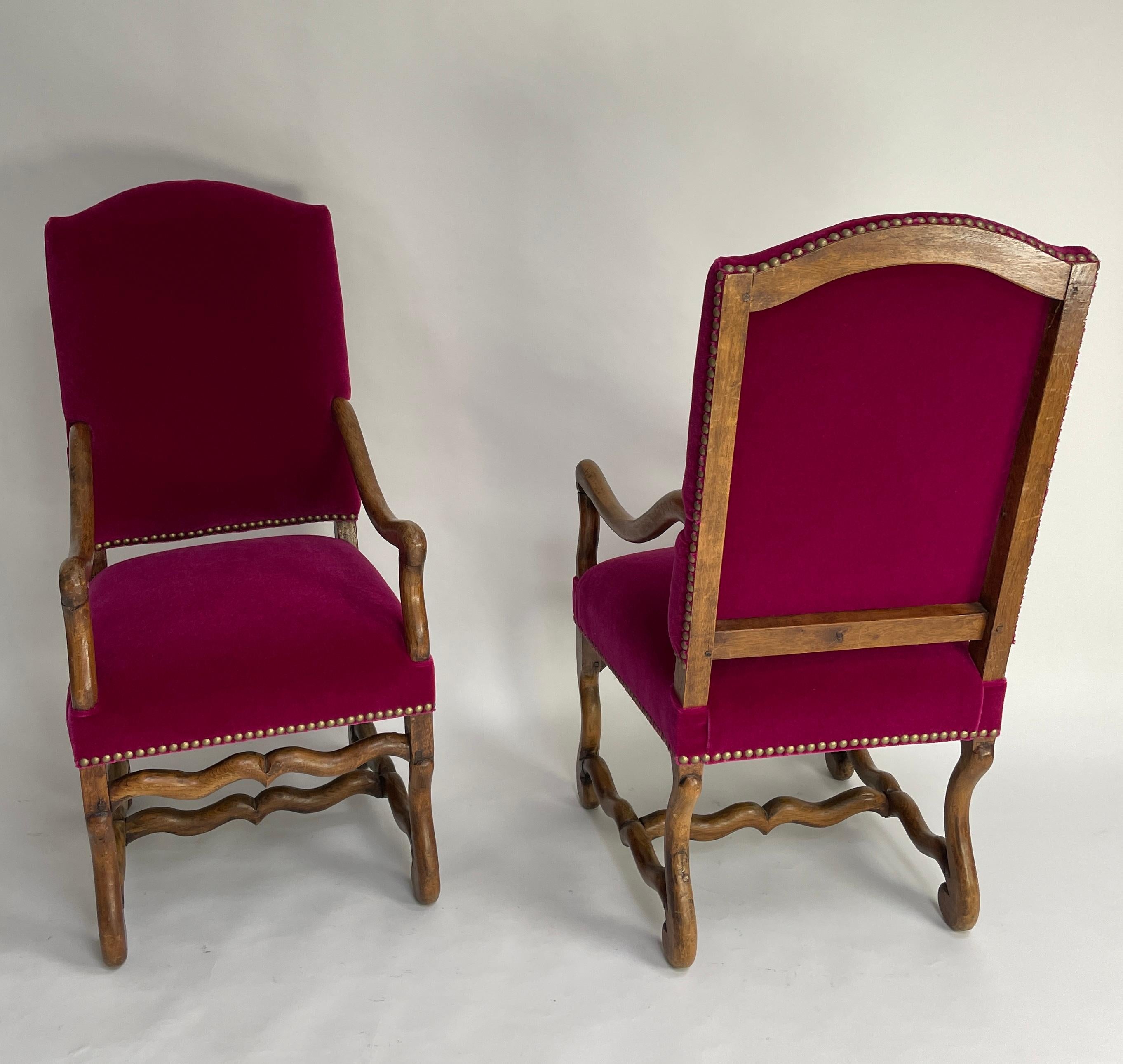 Pair of Os de Mouton arm chair. Louis XIII style. Manufactured around 1890.
Covered with Pierre Frey Mohair.  Chair are located in our NYC showroom.