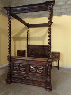 Louis XIII Style Queen Sized Four Poster Bed and Two Bedside Cabinets C1880