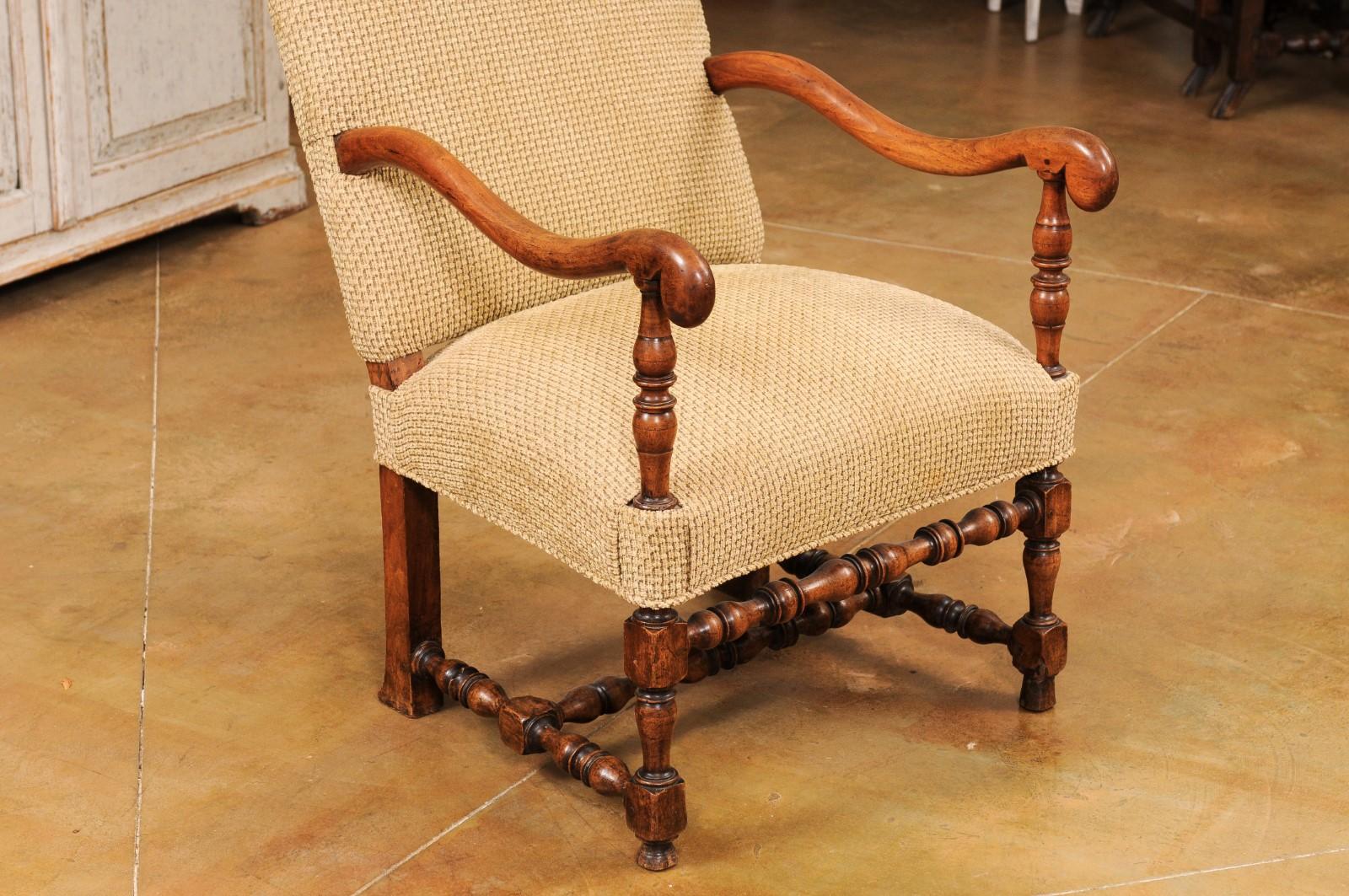 19th Century Louis XIII Style Walnut French Fauteuil with Scrolling Arms and Turned Base For Sale