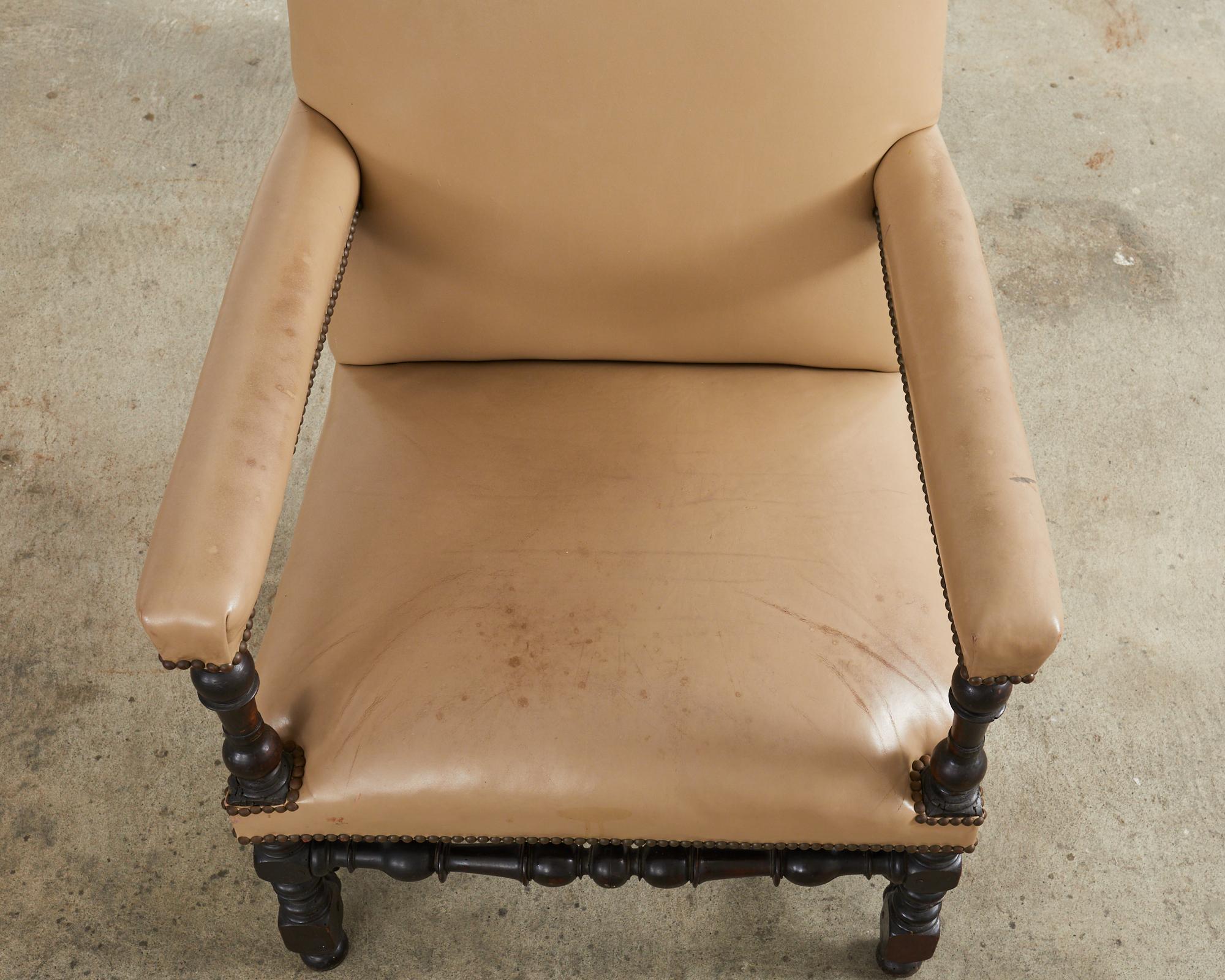 19th Century Louis XIII Style Walnut Leather Library Chair or Throne Chair For Sale